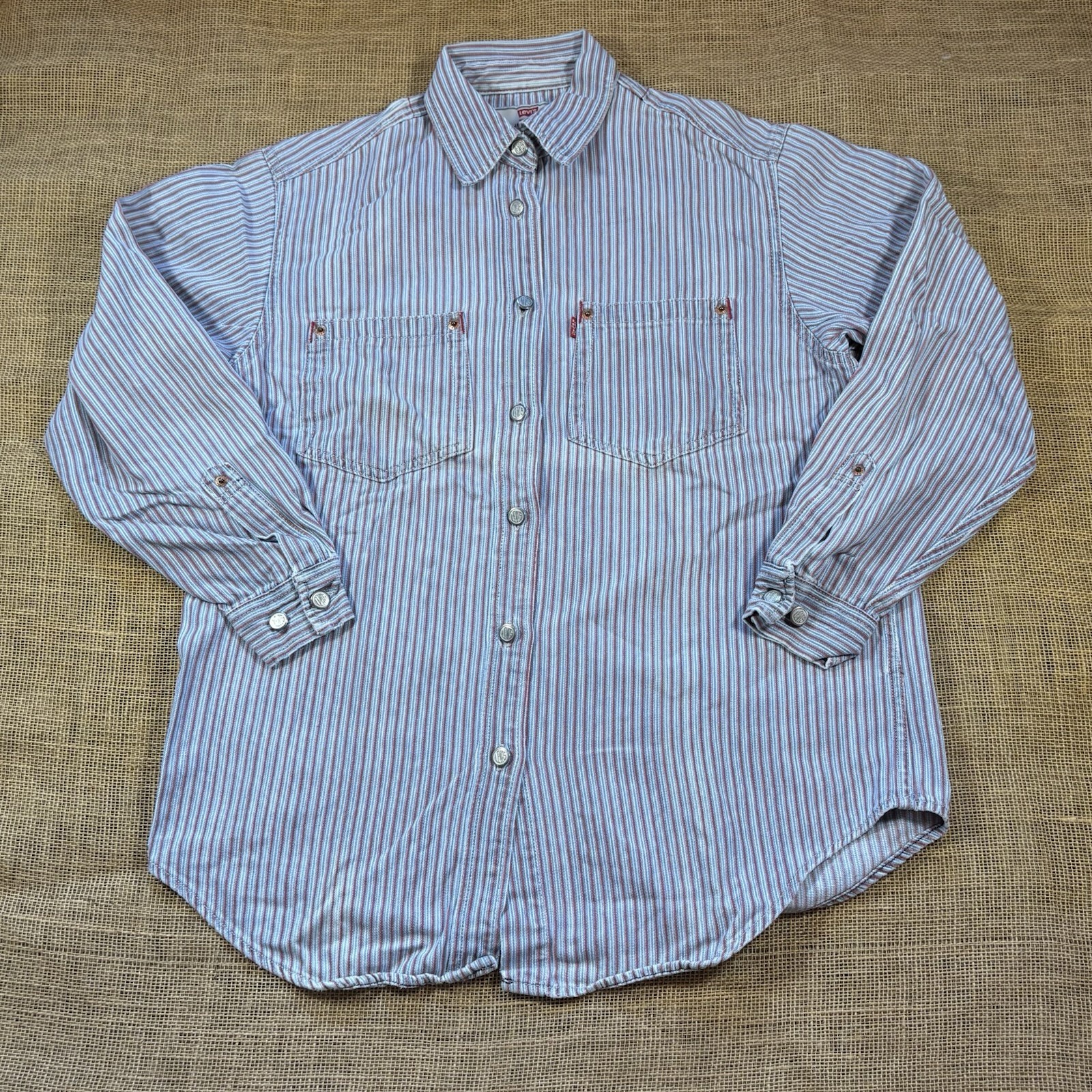 Vintage 90s Levi’s Woman’s Striped Long Sleve Denim Shirt Metal Buttons Size M