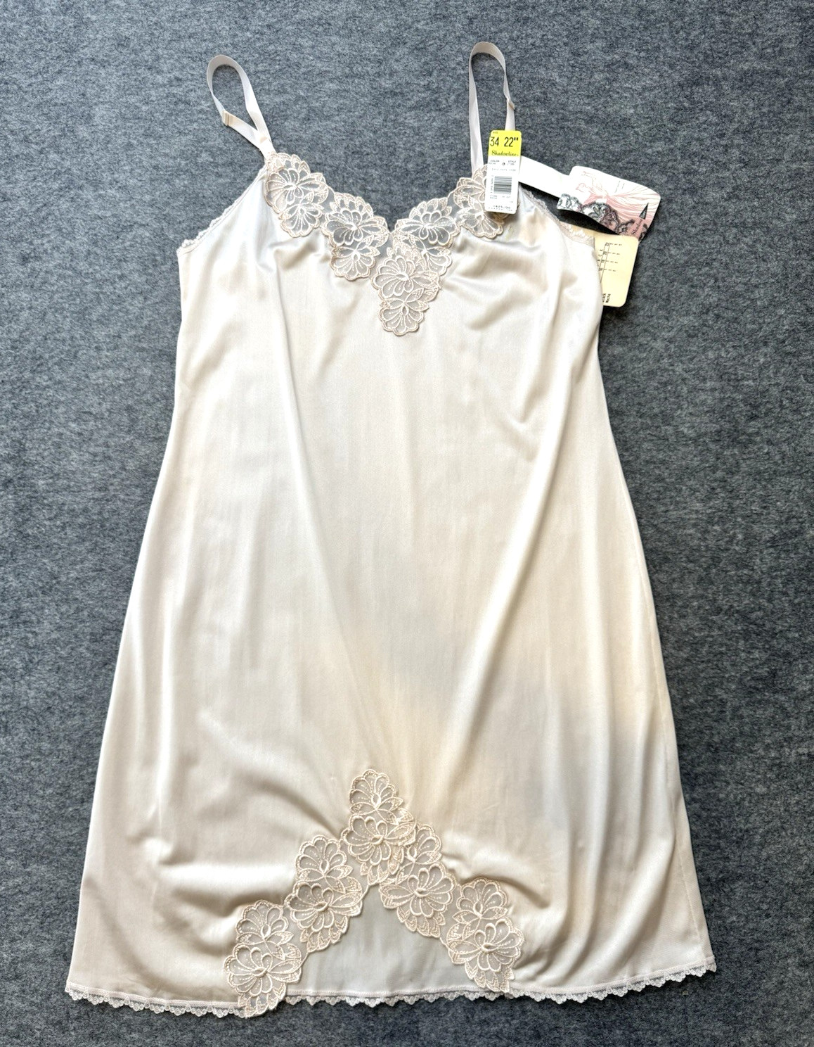 VTG Shadowline Dress Slip NEW w/Tags Peek-A-Boo Lace Sz 34 Mocha Beige 90’s