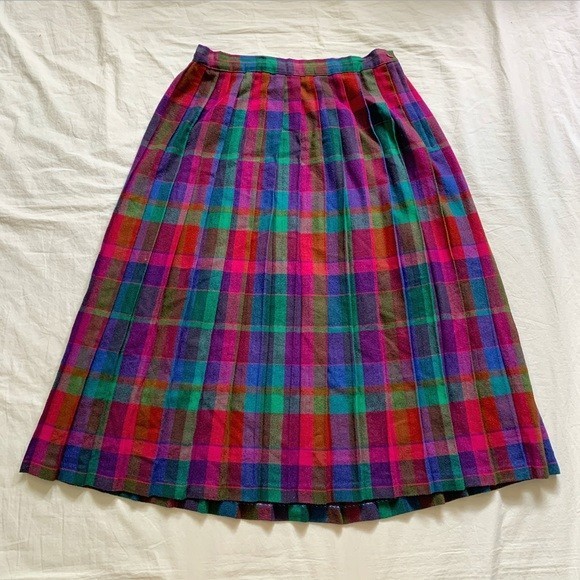 Vintage 1980s Plaid Pleated Skirt Russ waist 15.5″ purple pink red blue green