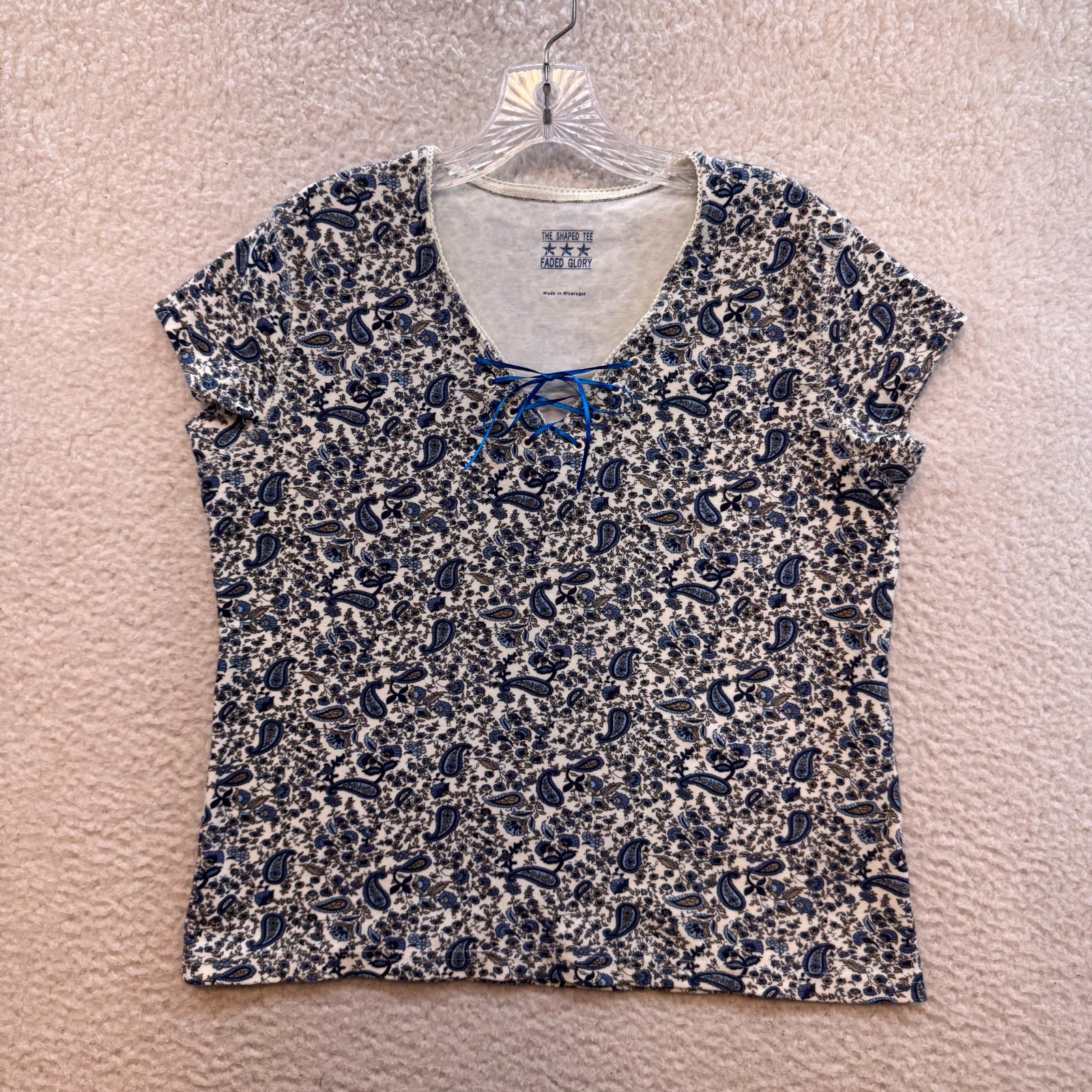 Y2K Vintage Top Shirt Large XL Blue Ditsy Floral Paisley Boho Cottagecore