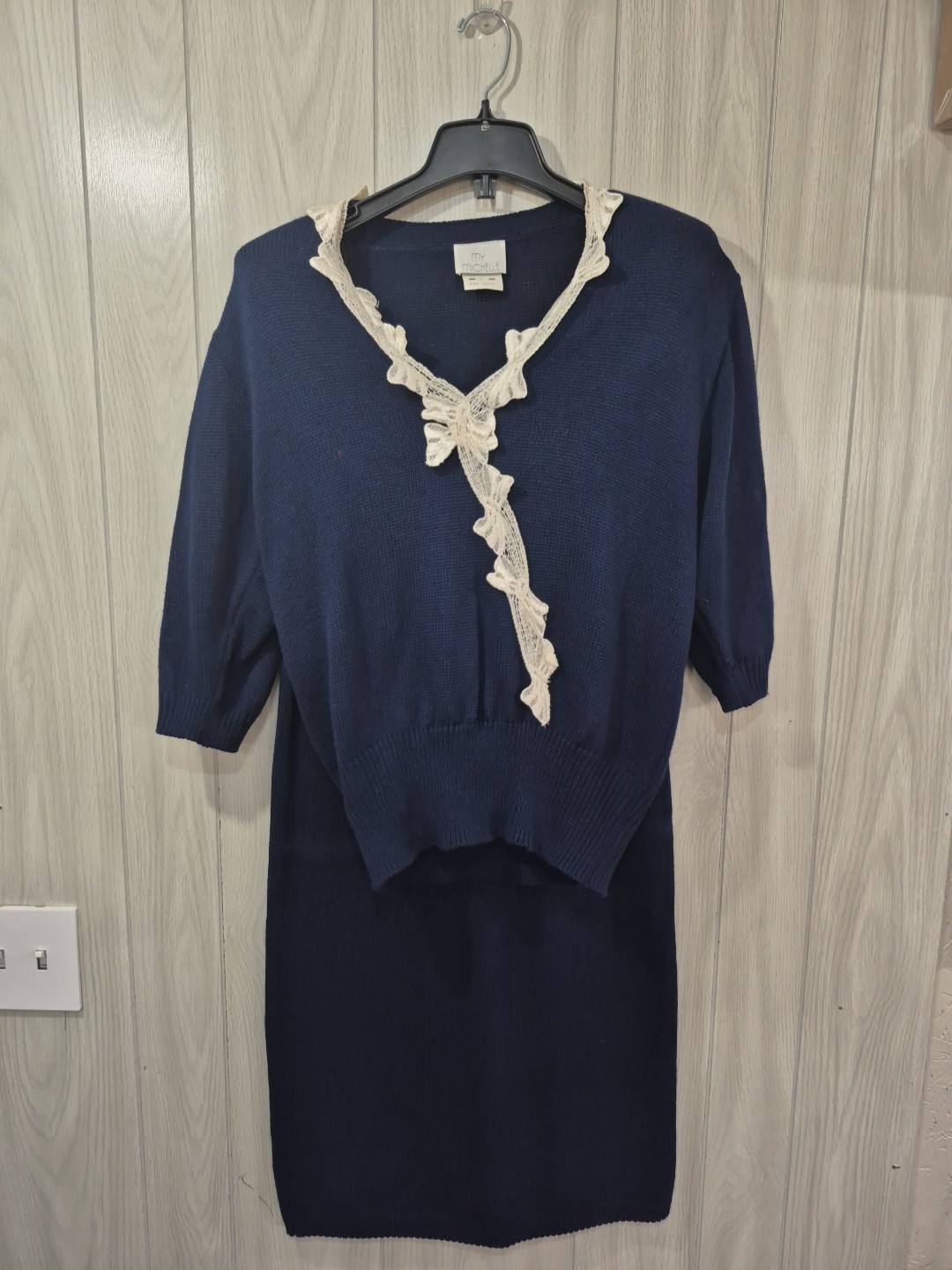 Womens Vintage My Michelle Sweater and Skirt Set Size L Navy Blue Old Money
