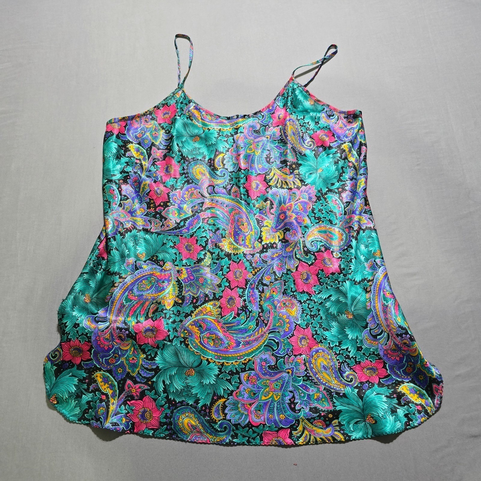 California Dynasty Satin Chemise Women Large Green Paisley Floral Vintage Slip