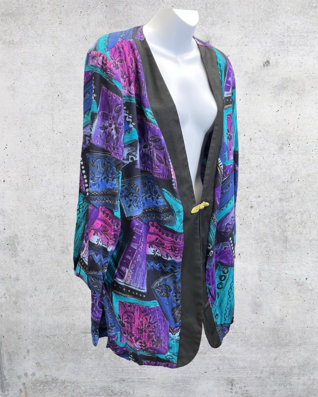 Vintage 90s Maggie Sweet Abstract Jacket Open Front Black Trim Artsy Topper