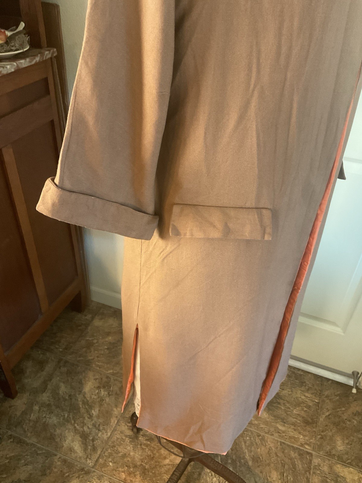 Vintage 1950 FALL AUTUMN DUSTER COAT Brown Linen Orange Lining M