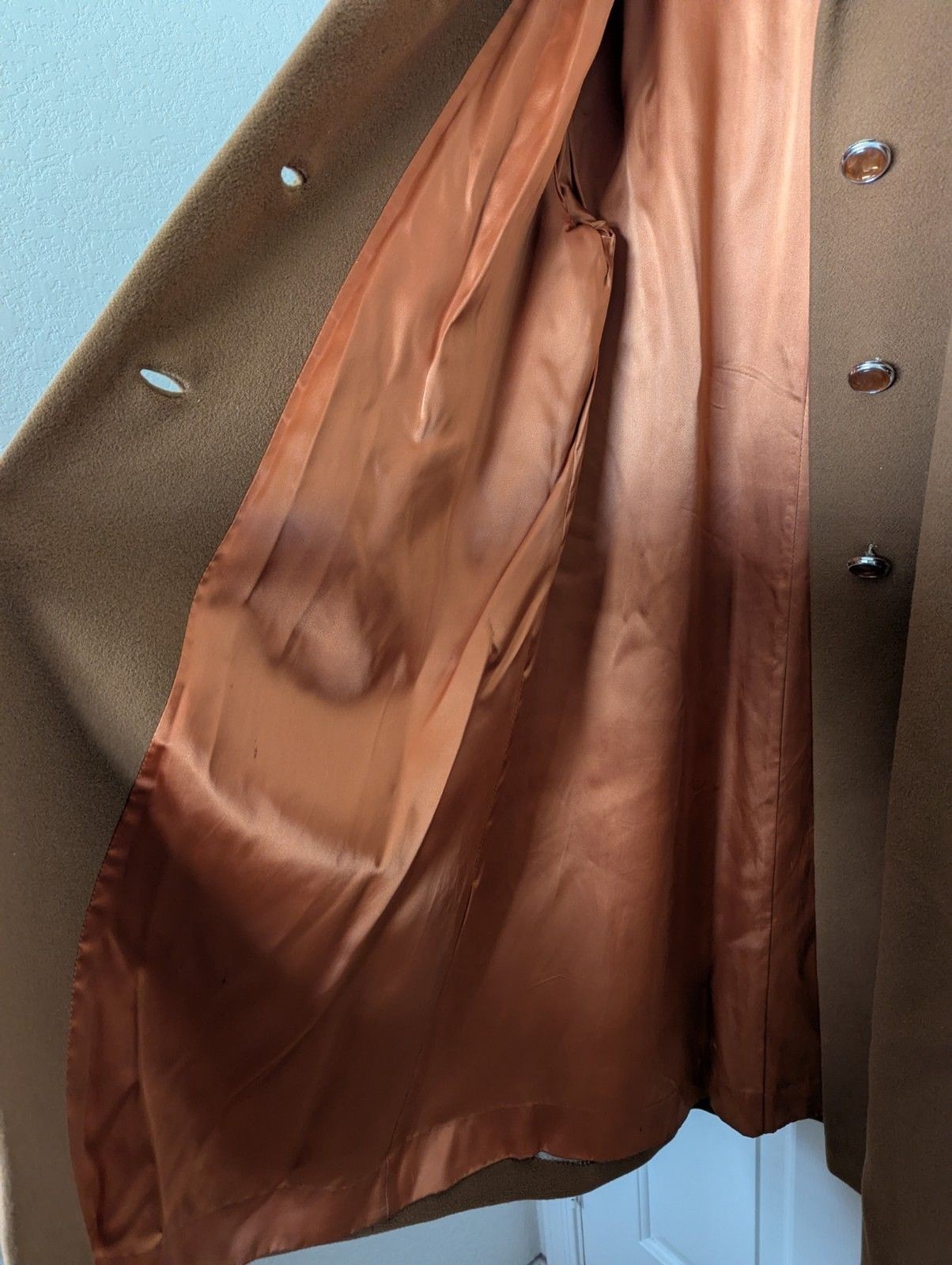 VTG 50s Chinese Cashmere Long Coat Fur Collar Womens XL Carmel Brown USA Made