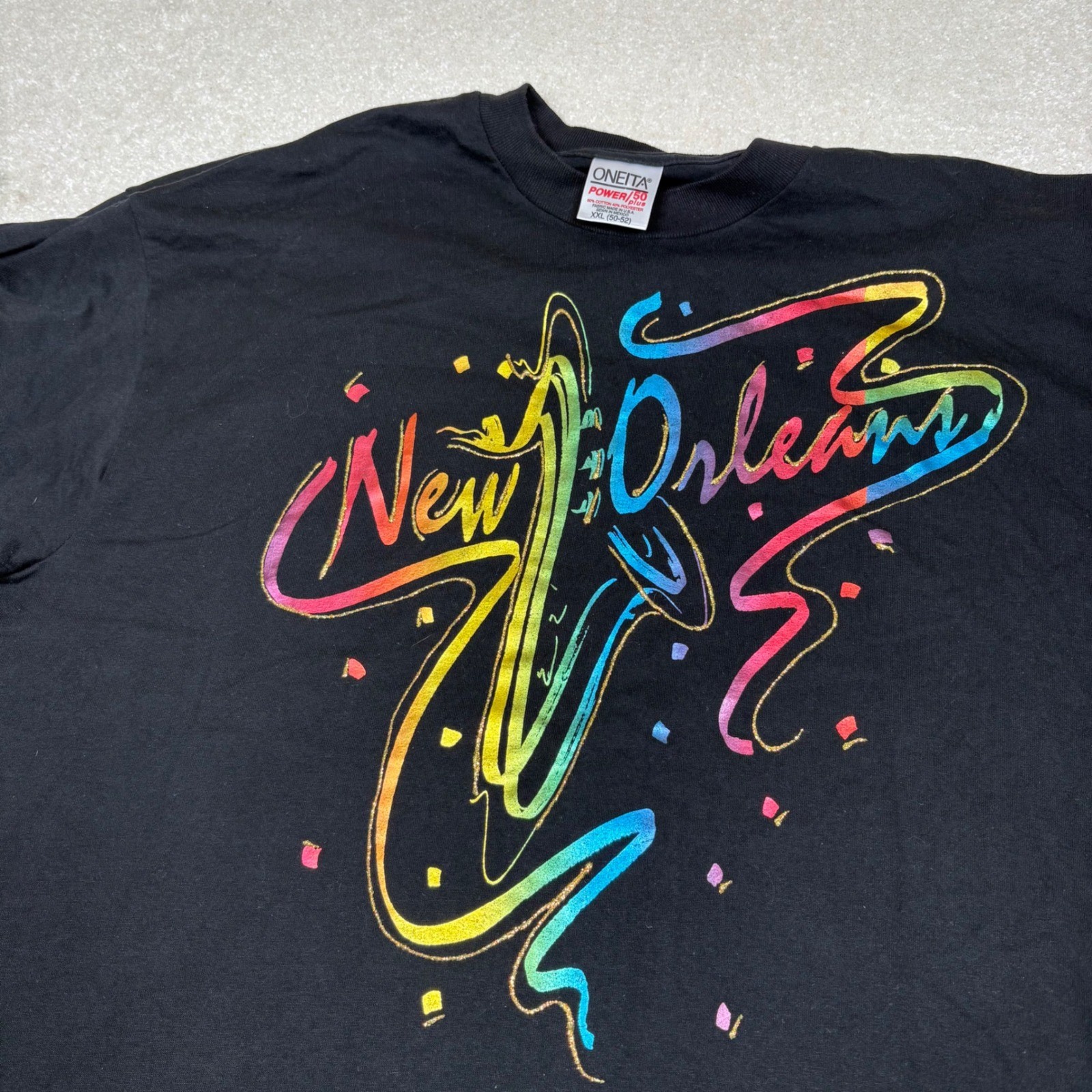 Vintage Oneita New Orleans Jazz Saxophone T-Shirt XXL Black Rainbow Glitter 90s