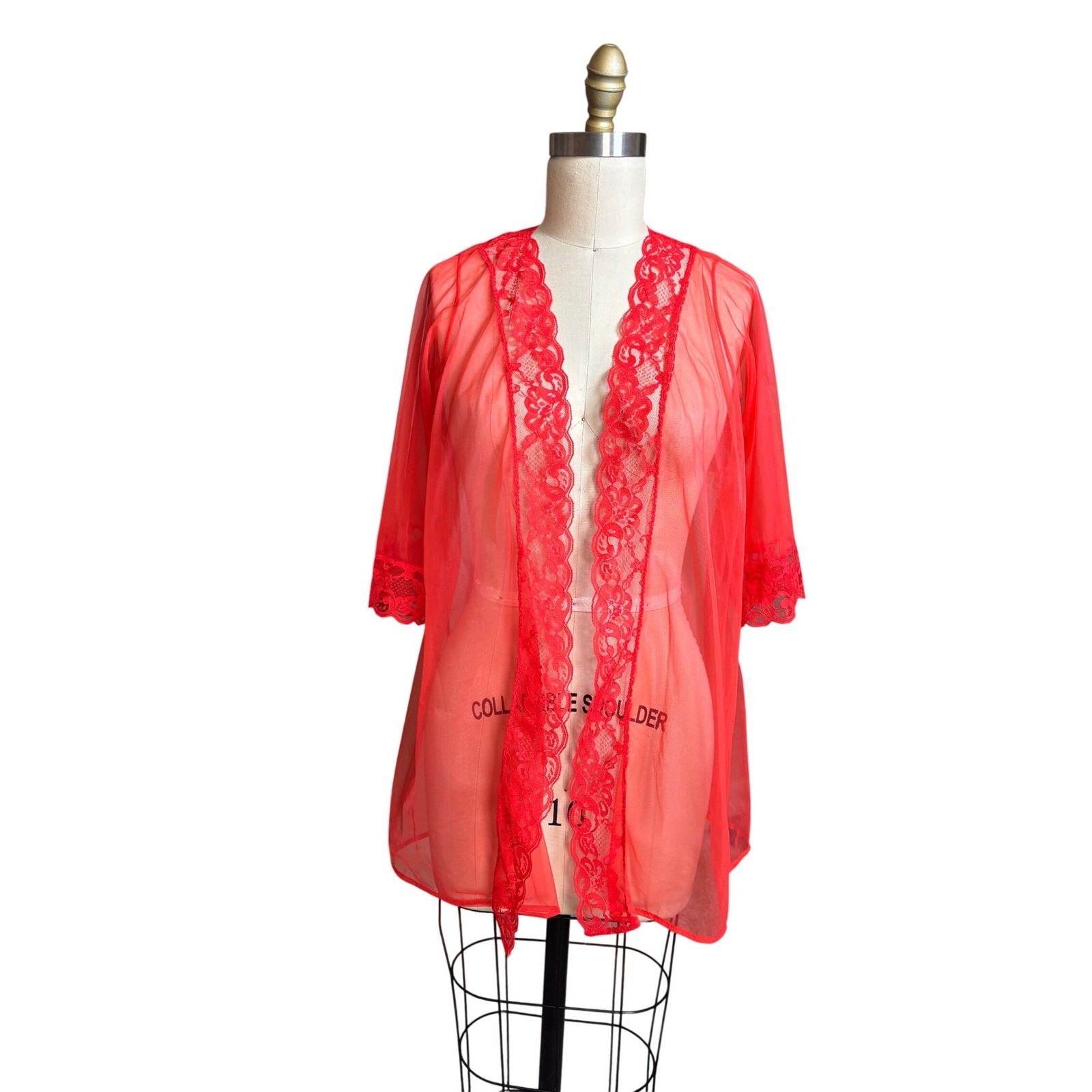 Pandora 60s Lace Trim Sheer Mesh Fairy Lingerie Kimono Medium Cherry Red Vintage