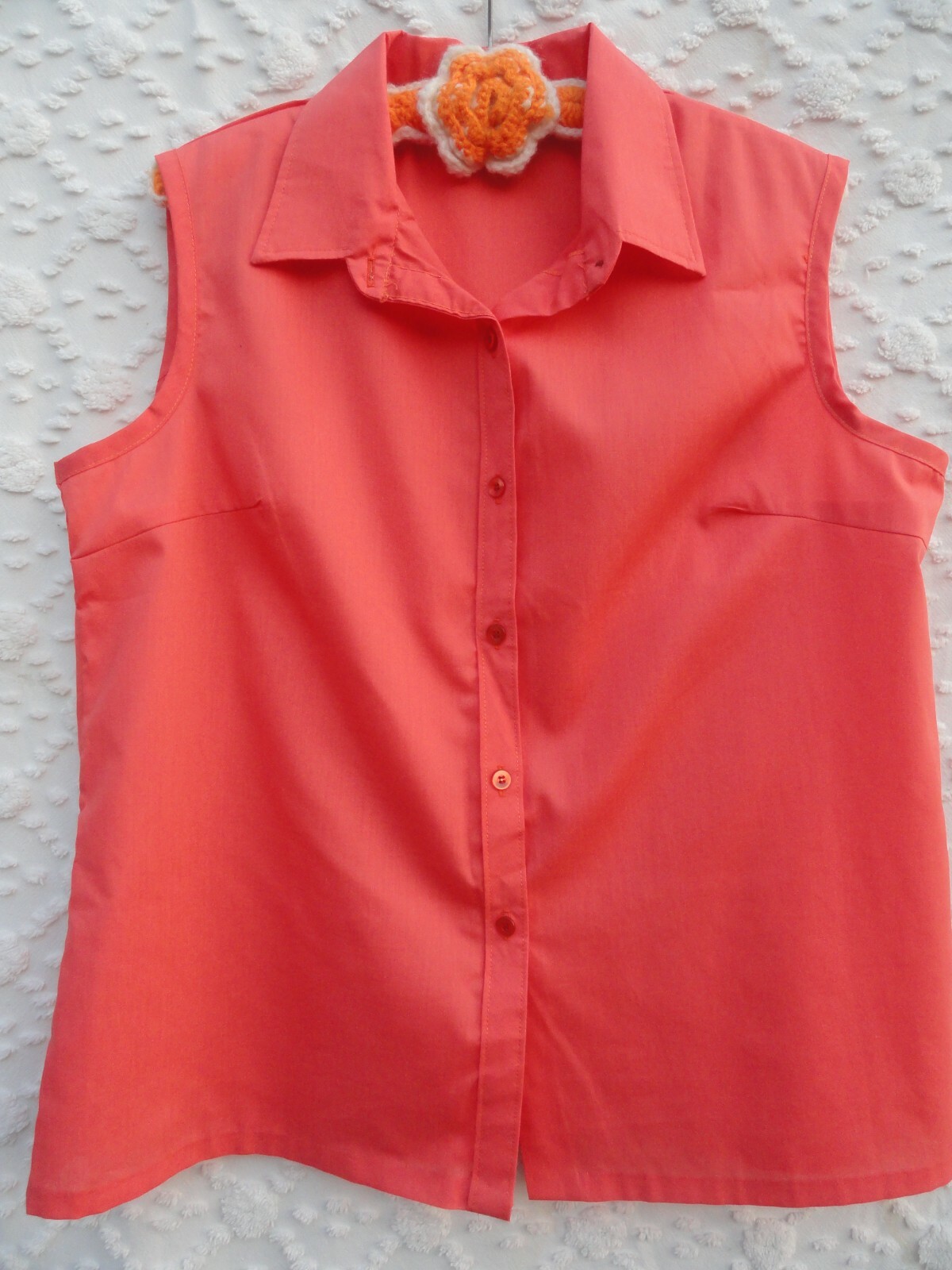Vintage 60s 70s Blouse Miss Fashionality Misses L Coral Orange Cotton Polyester