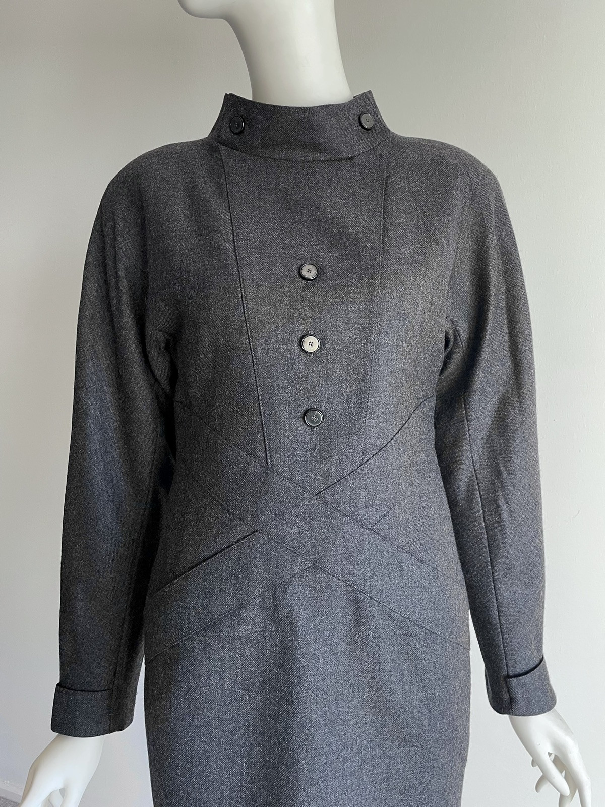 Vintage 1980s Chloe Gray Wool Dress Cross Front Buttons Shoulder Pads Size XS