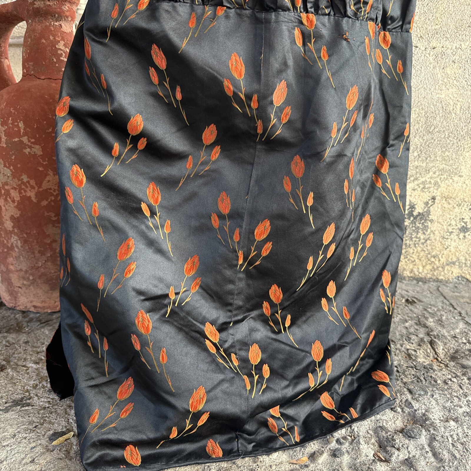 Antique 1920s Orange Tulip Silk Brocade Dress 1890s Fabric Full Length Vintage