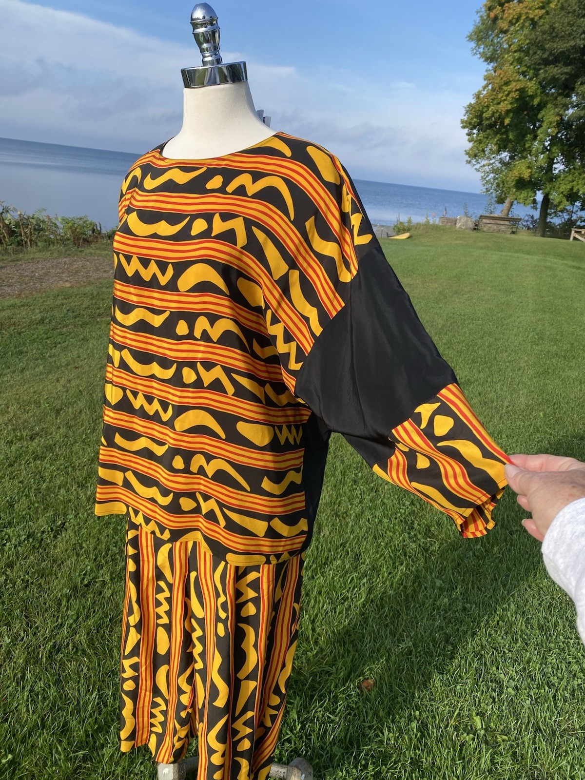 Vtg 1980s Gold Black Geometric Silk Blouse Balloon Pants Size Large To 1X
