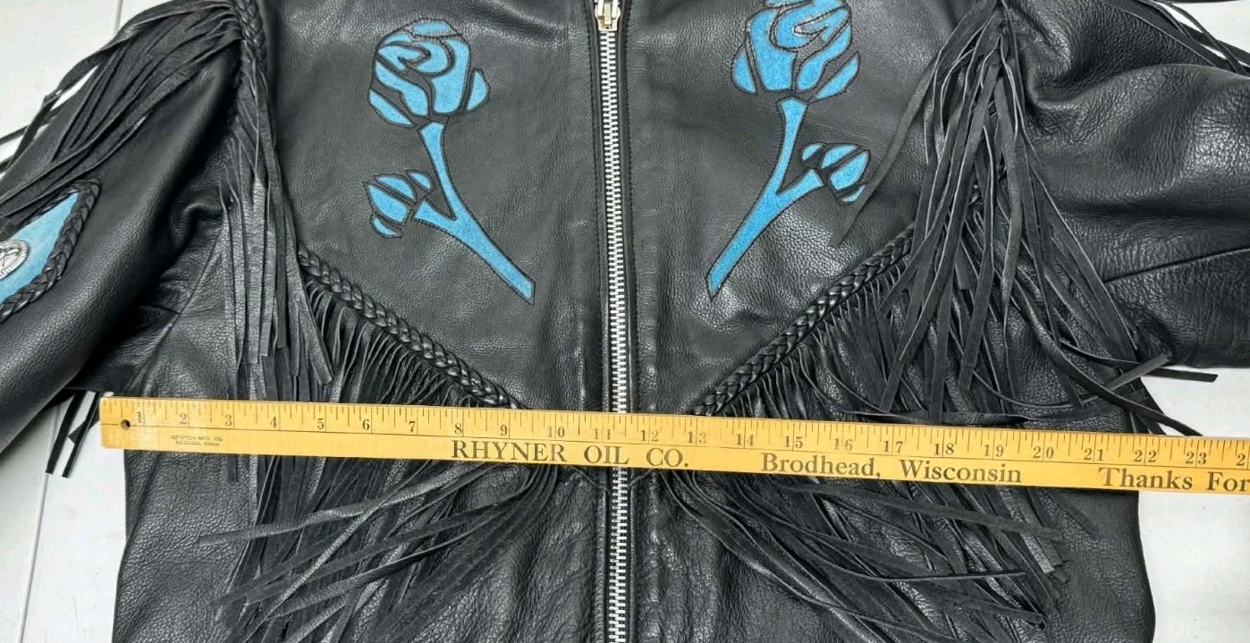 Vintage Black Leather Biker Jacket Women’s Fringe Turquoise Rose Appliqué