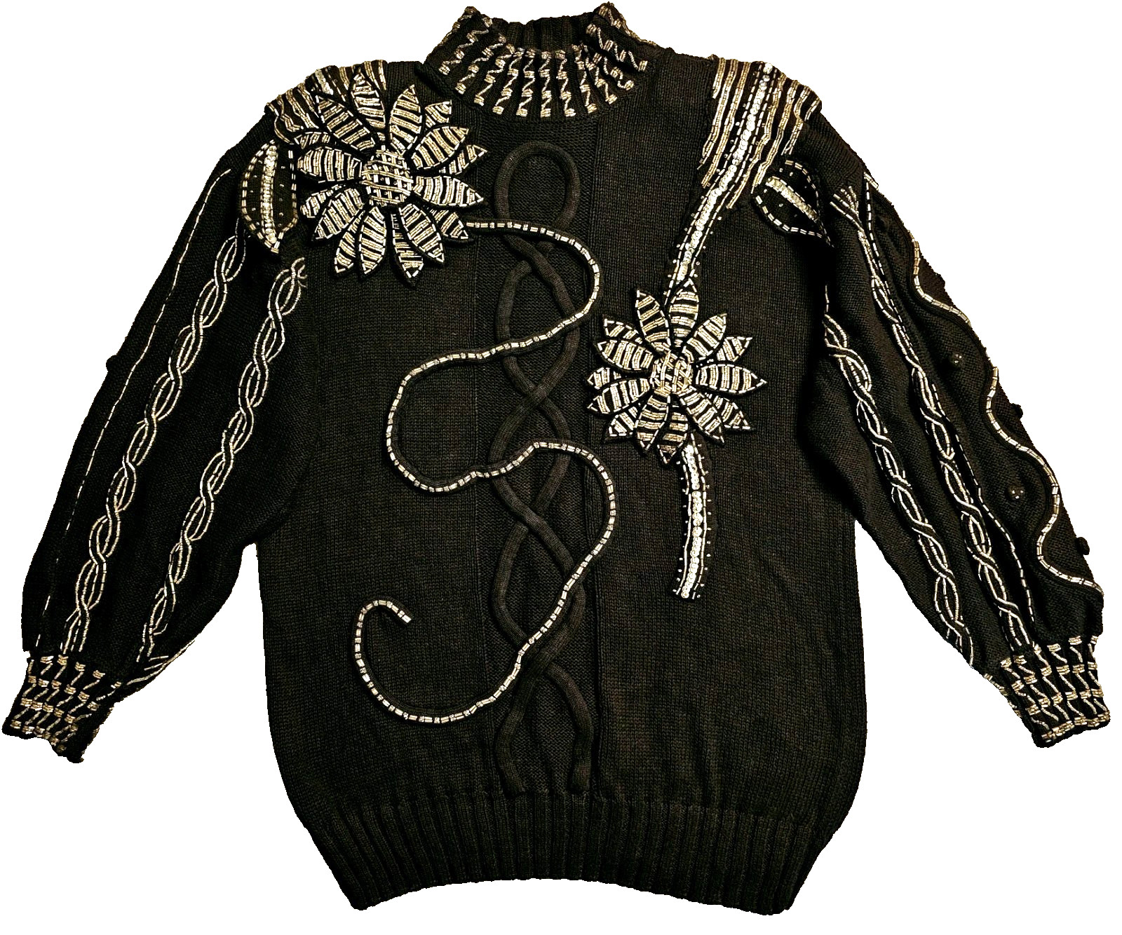 Vtg 80s BONNIE BOERER Sequin/Beaded Bling Party Tunic Sweater Black/Silver Sz M