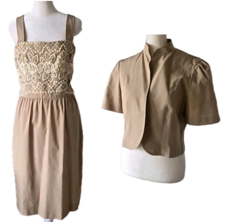Vtg 70s Tan/Brown 2 Piece Set, Embroidered, Jacket & Dress, Union, M