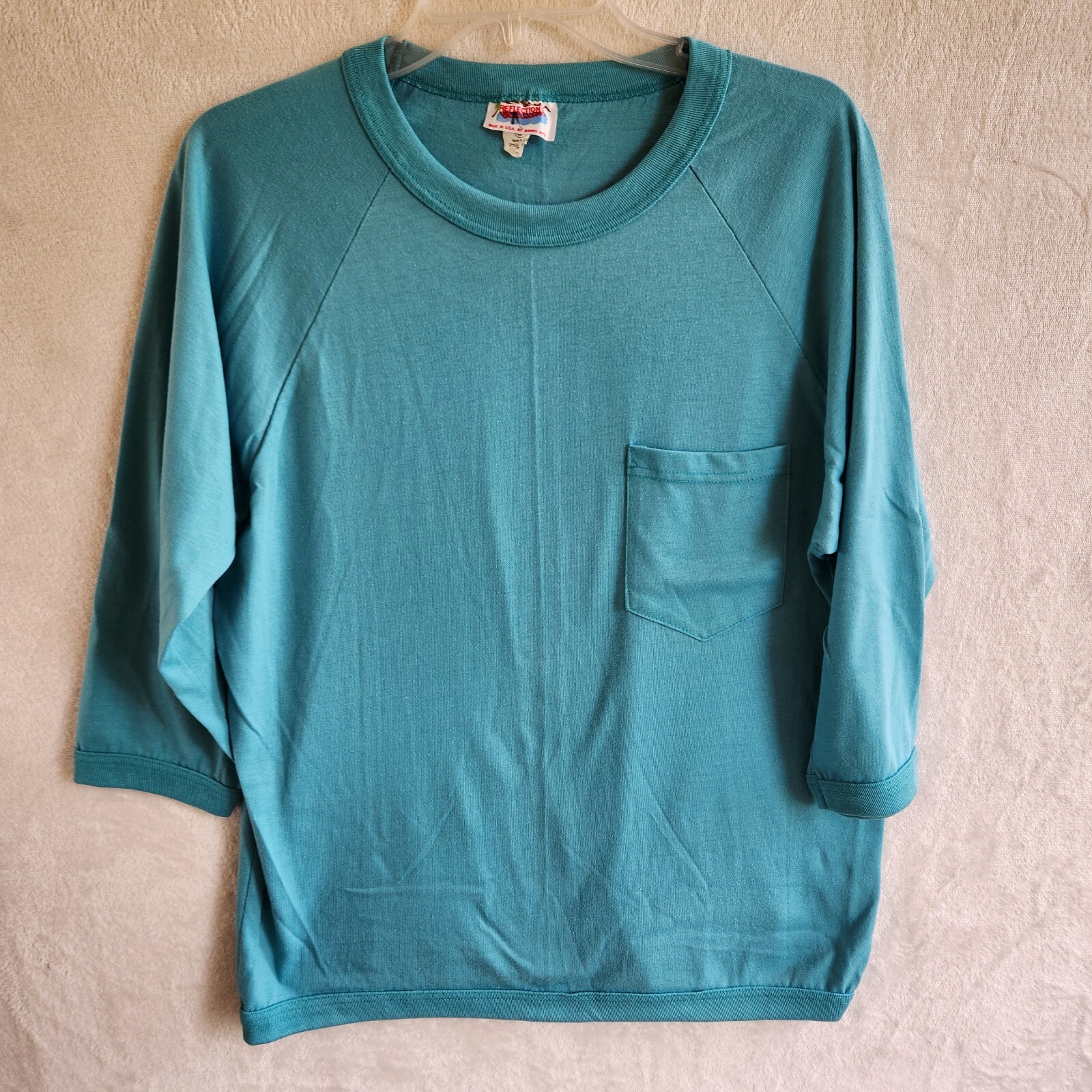 Vintage ILGWU Union Made In USA 3/4 Sleeve Pocket Shirt Medium Green Reflections
