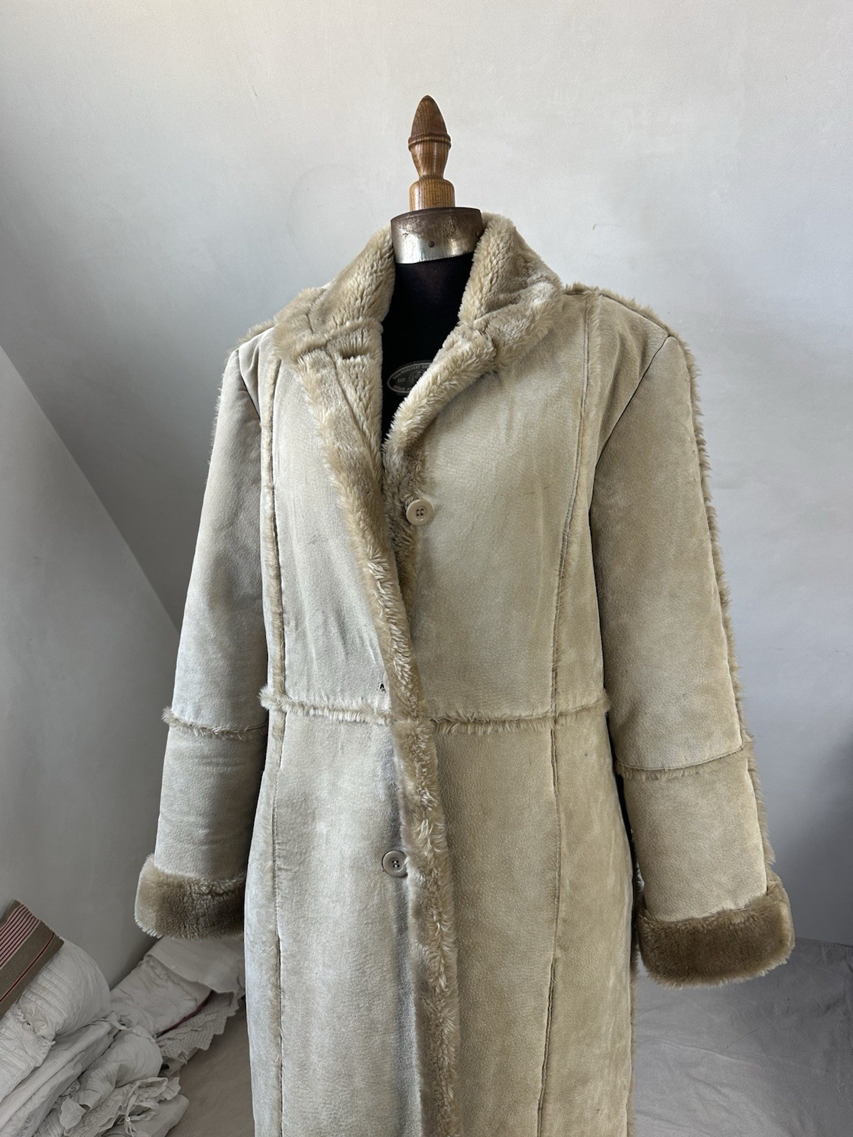 Vintage 70s style Hippie Faux Sheepskin Genuine Leather Long Coat Women’s Large