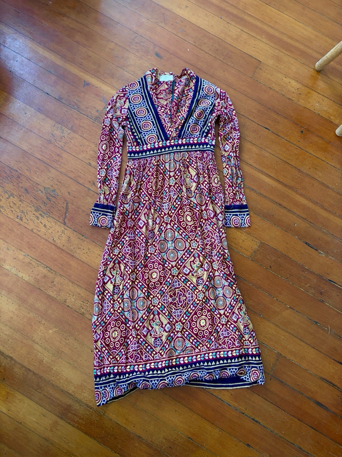 60s 70s Artisan Printed Pakistani Cotton Boho Hippie Empire Waist Maxi Dress XS