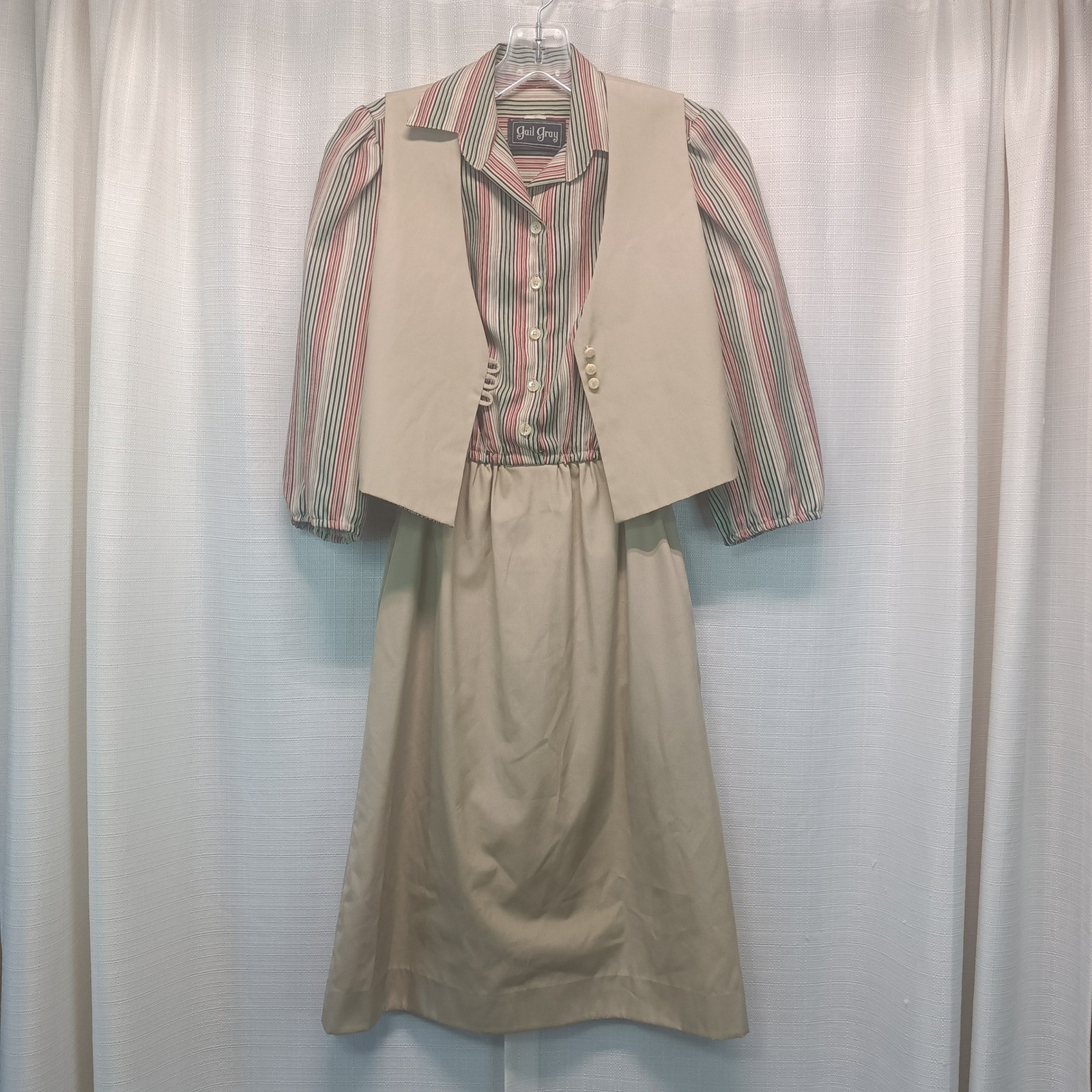 Vintage Gail Gray Striped Dress Vest Set Tan Red Green ILGWU Made in USA 70s 80s