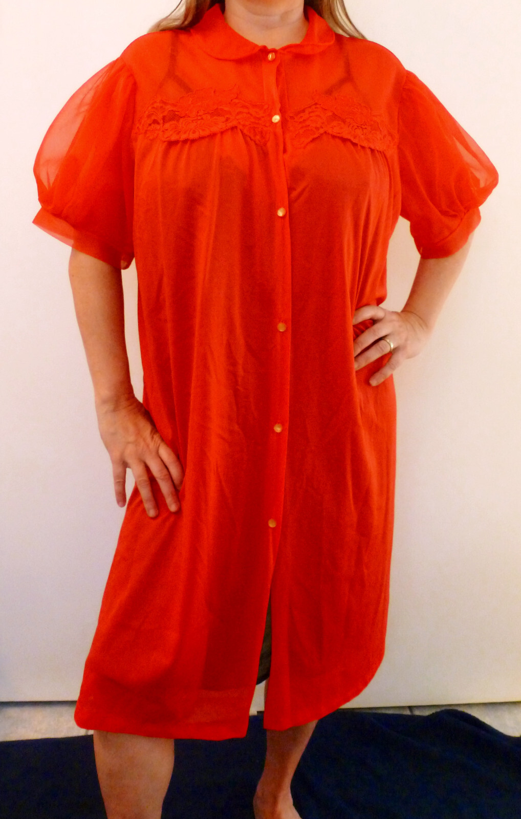 JC PENNEY CHARMODE VTG RED DOUBLE LAYER CHIFFON PEIGNOIR ROBE PUFF SLEEVES L EVC