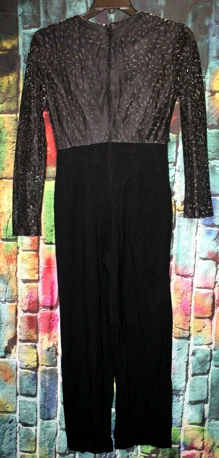 Vintage Menu Black One Piece Jumpsuit Long Sheer Sleeve Wrap Front Size 6 Party