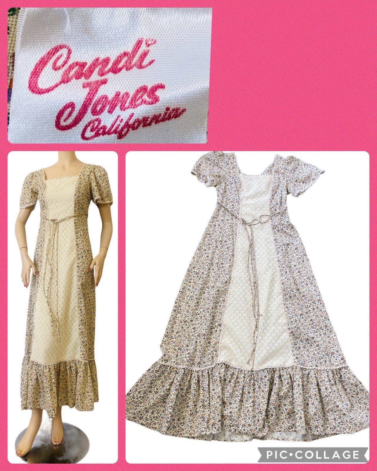 Vintage Candi Jones California Prairie Cottagecore Coquette Maxi Dress 70s XS-S