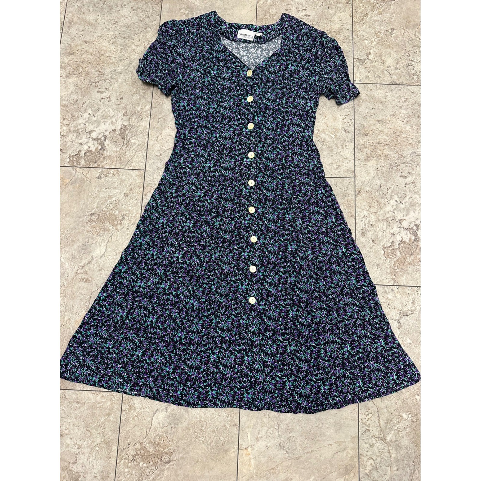 Caroline Wells Vintage Floral Button Front Midi Dress Purple Teal Rayon Size 14