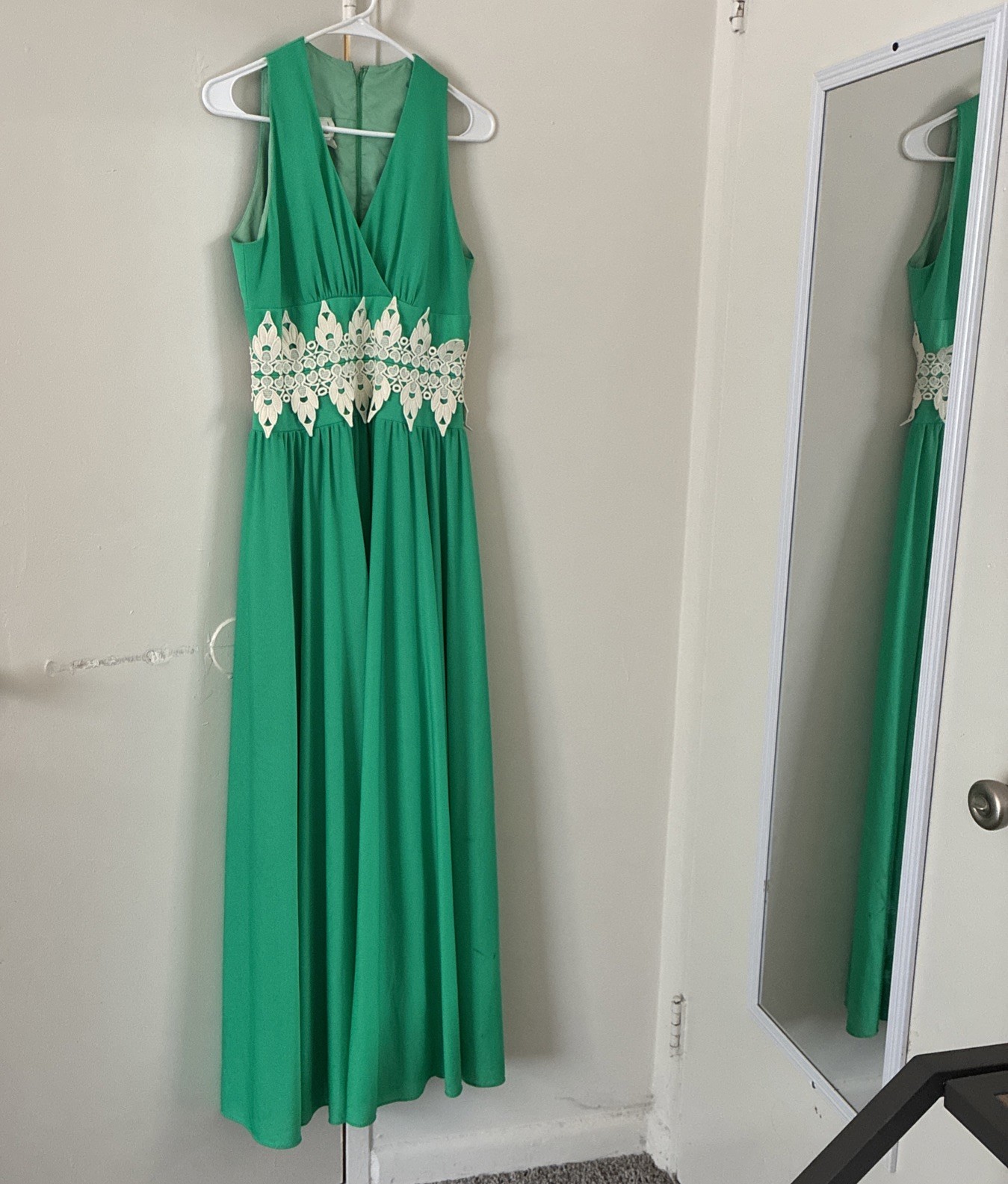 Vintage 70s Lilli Diamond California Green Maxi Dress Ivory Lace S Estimated