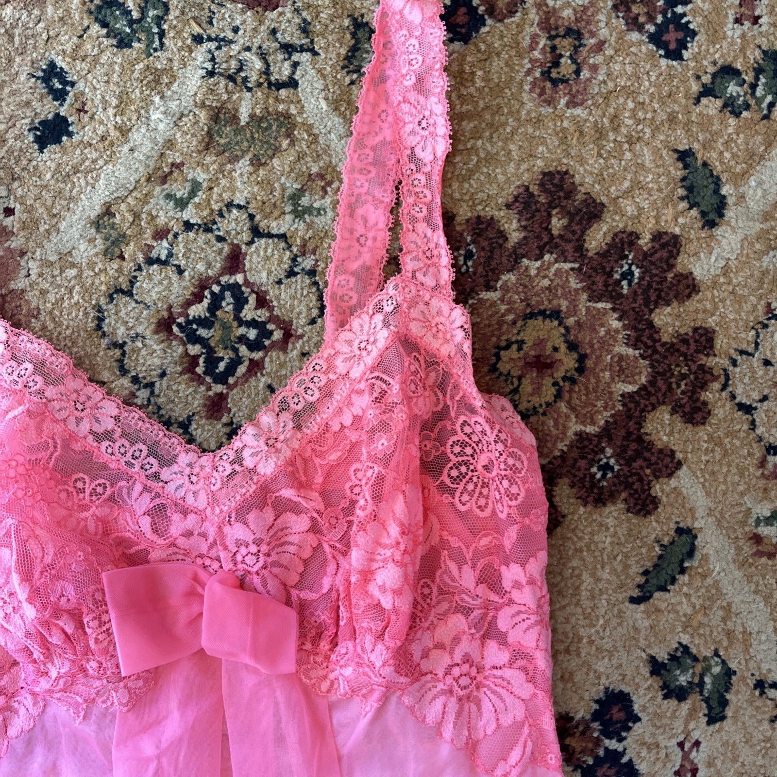 VTG 50’s VANITY FAIR SIZE M 32 NIGHTIE NIGHTGOWN PINK TRICOT NYLON CHIFFON LACE