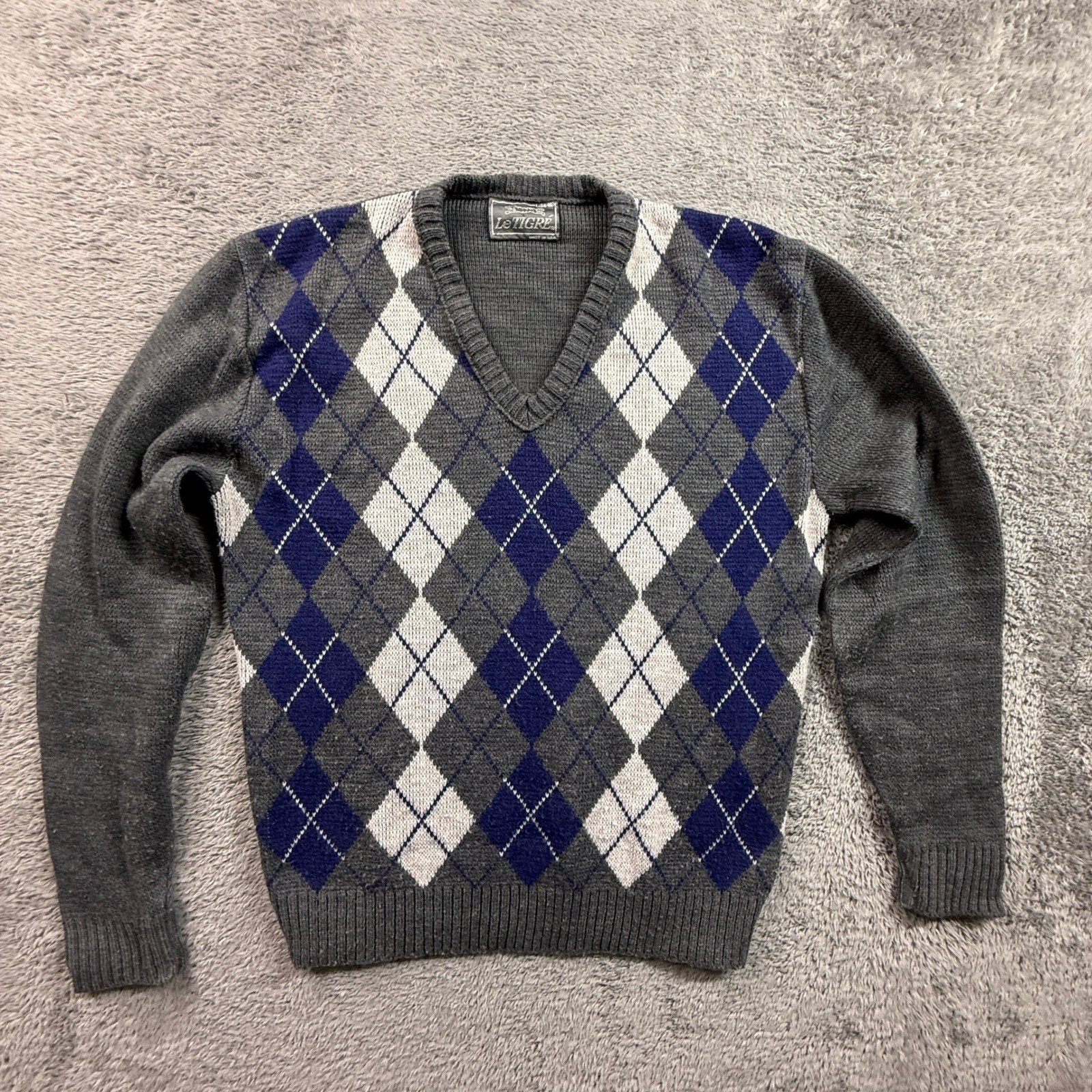 Vintage Le Tigre Womens Argyle Knit Sweater V-Neck Gray Blue USA Made L 14-16