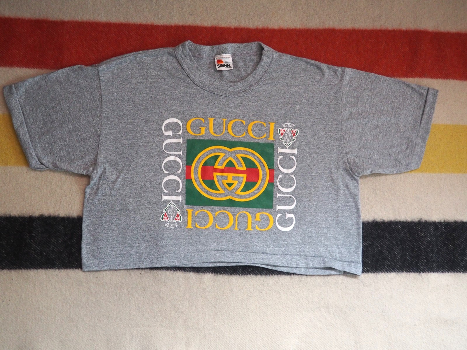 VTG 80s 90s Signal Gucci Logo USA Heather Gray Crop Boot Womens Tee T-Shirt L