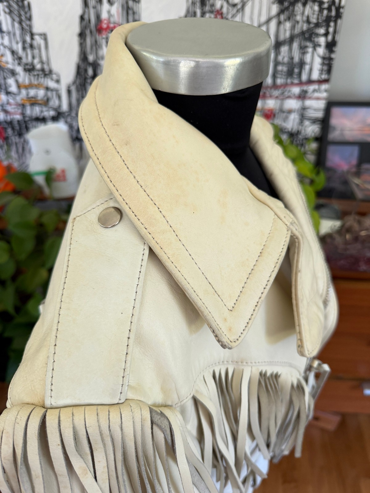 Vintage Biker Jacket Park V White Leather Fringe Motorcycle 36 1980s Moto Thrash