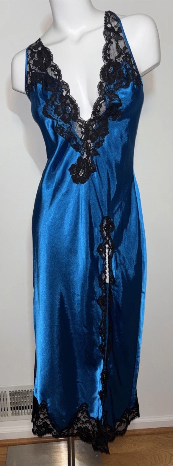 Vintage Y2K Victoria’s Secret Blue Satin Lace Slip Long Nightgown 2003 M Sexy