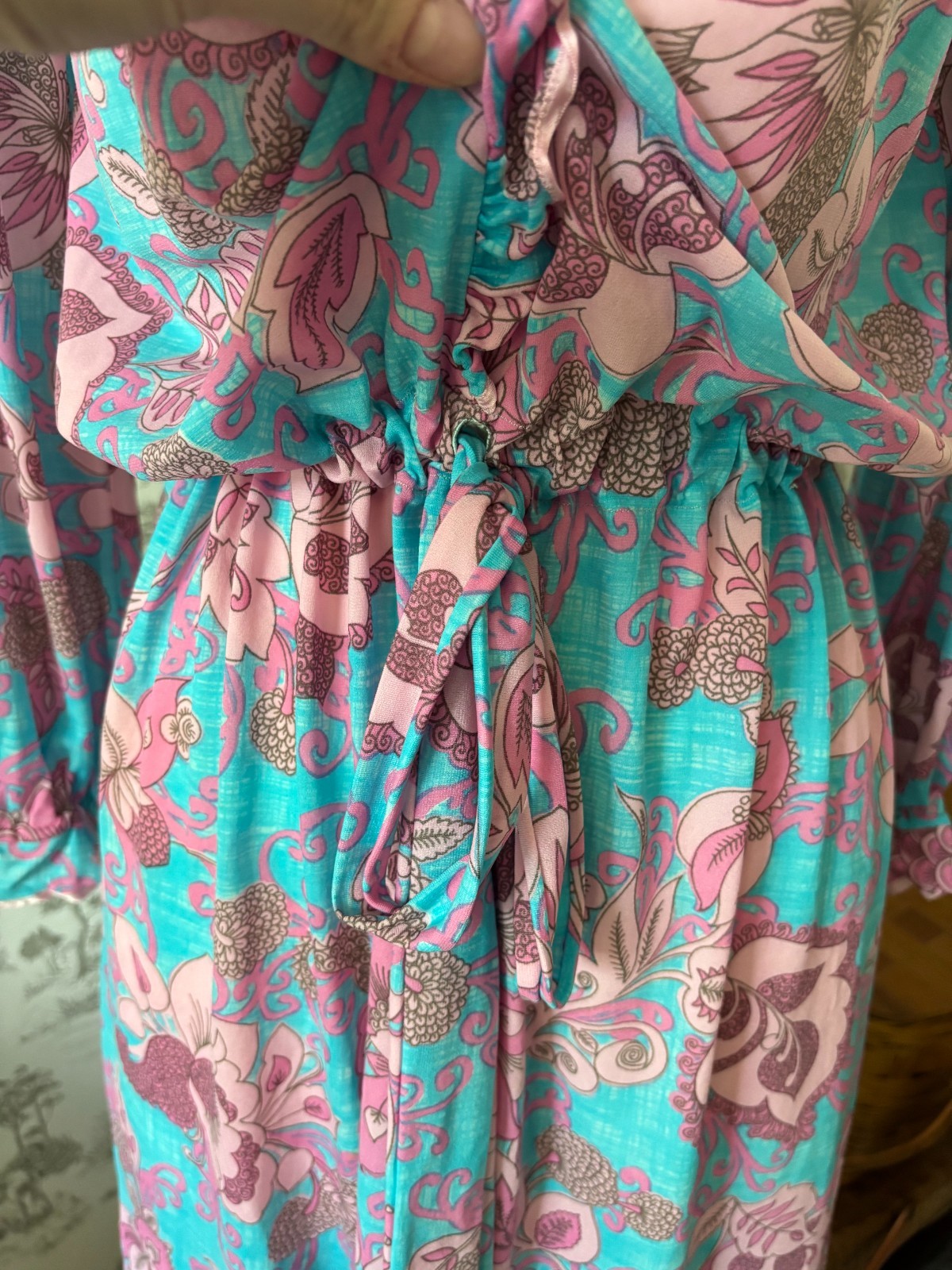 Vintage 70s Funky Floral Midi Dress Blue and Pink Gathered Tie Waist Ruffles