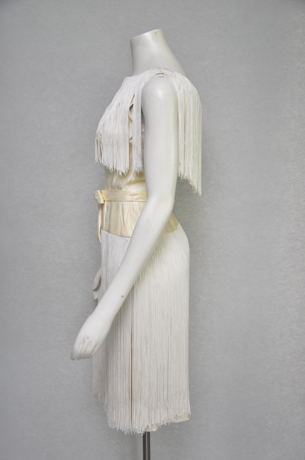 Vintage 1950s Ivory Cream Silk Fringe Sleeveless Party Wedding Dress Bow XS