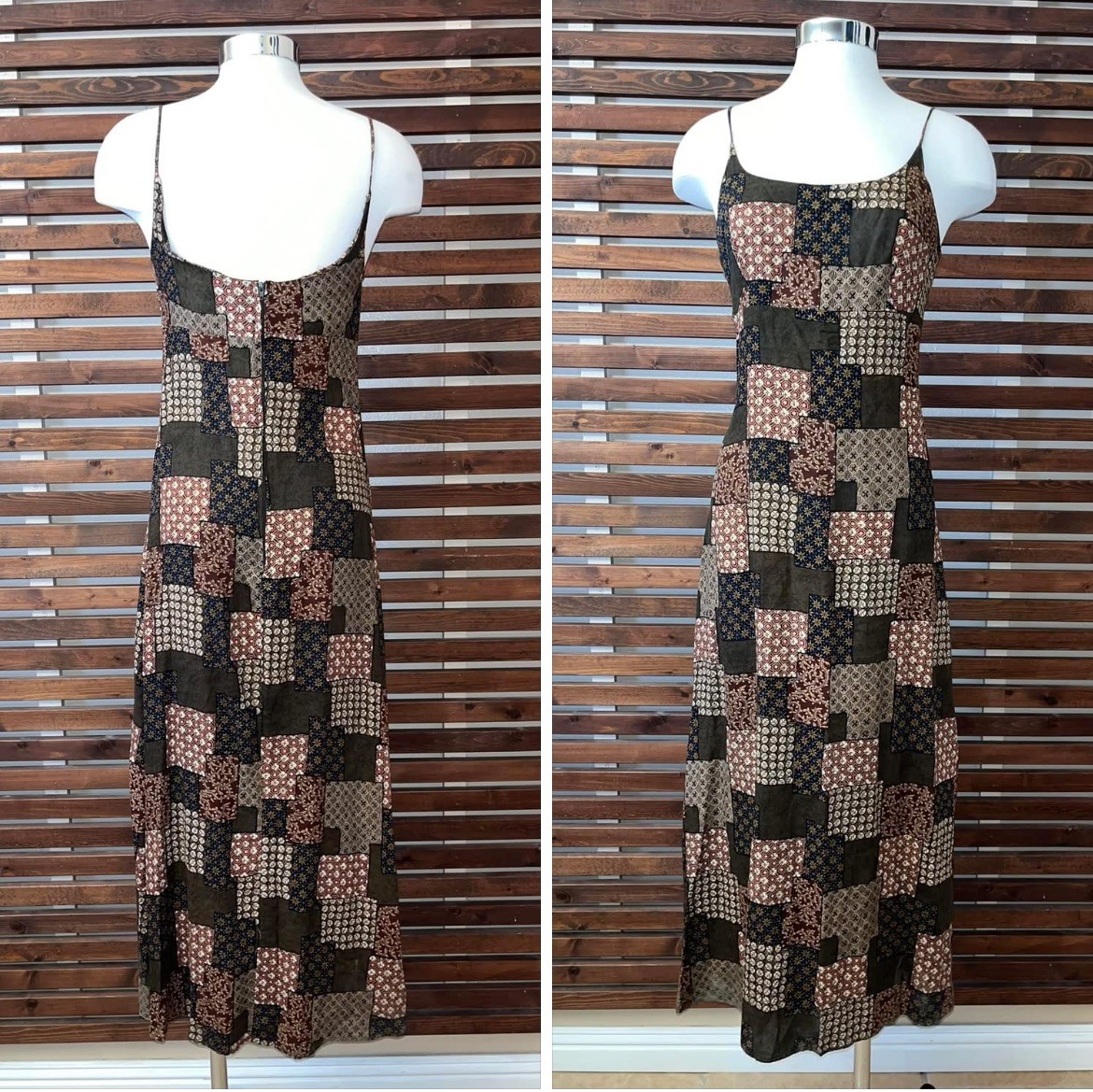 Vintage 1990s 90s Patchwork Print Brown Spaghetti Strap Grunge CTME Dress 3/4