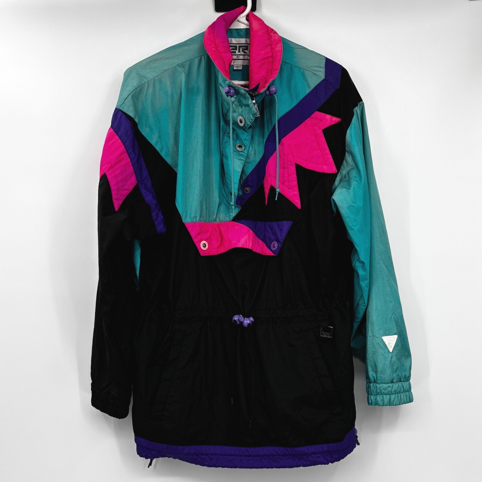 Vintage Fera Skiwear Neon Colorblock Anorak Pullover Jacket Womens 8 Black Teal