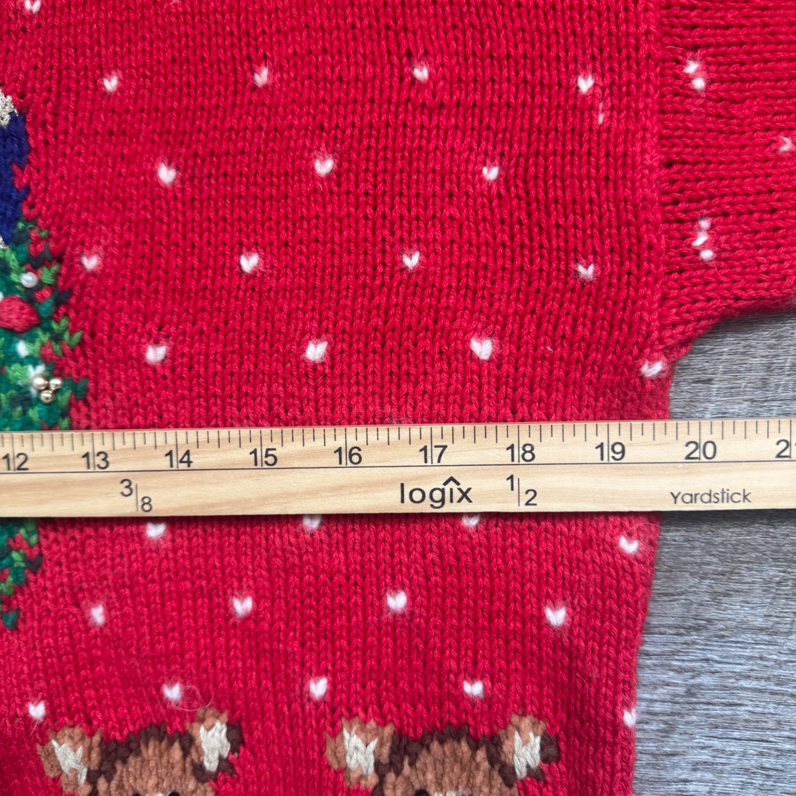 Marisa Christina Vintage Hand Knit Christmas Granny Sweater Red Teddy Bear Bell