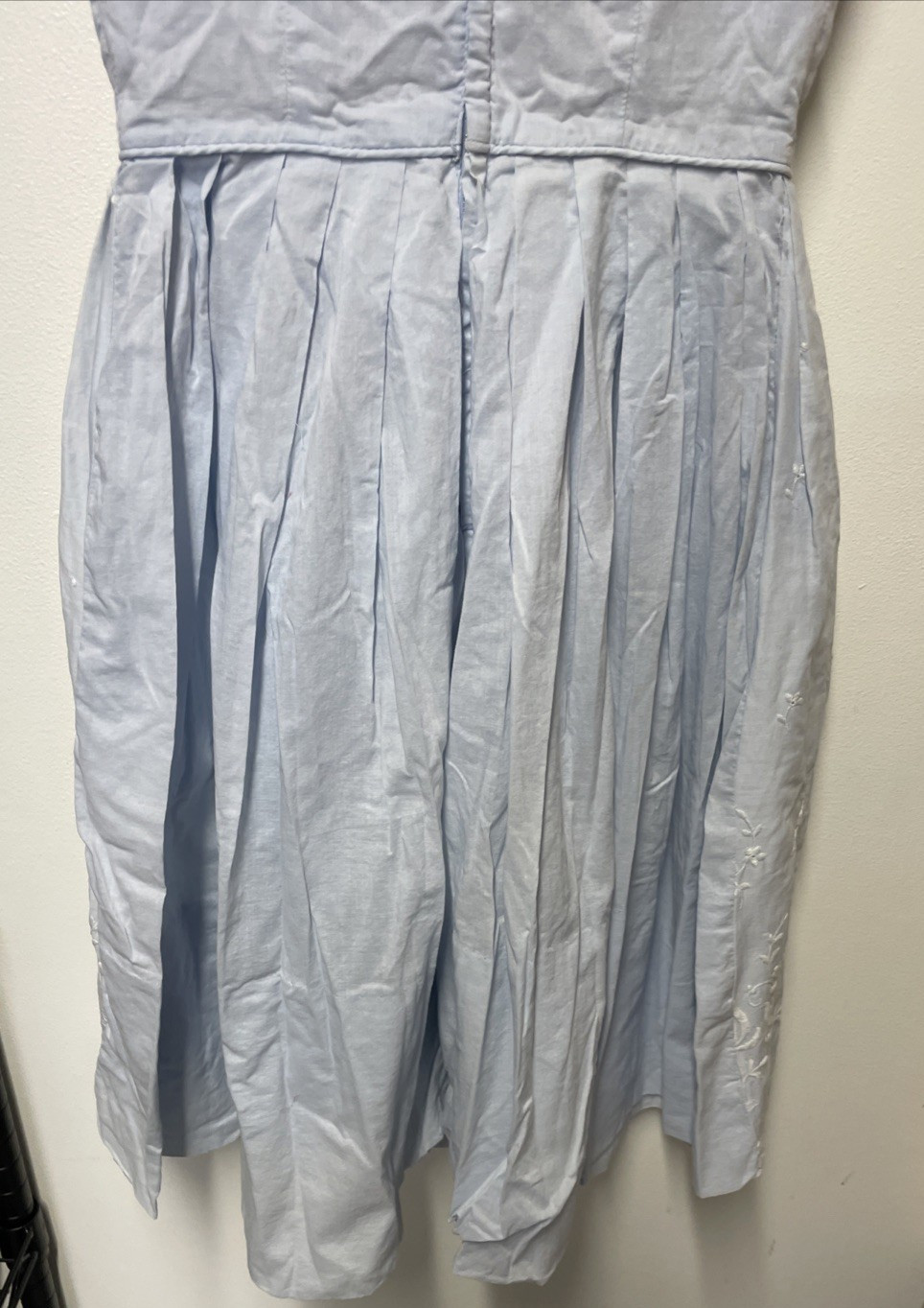 Vtg Blue Cotton Dress W/ Embroidered White Flowers Layered Split Skirt Flowy XS