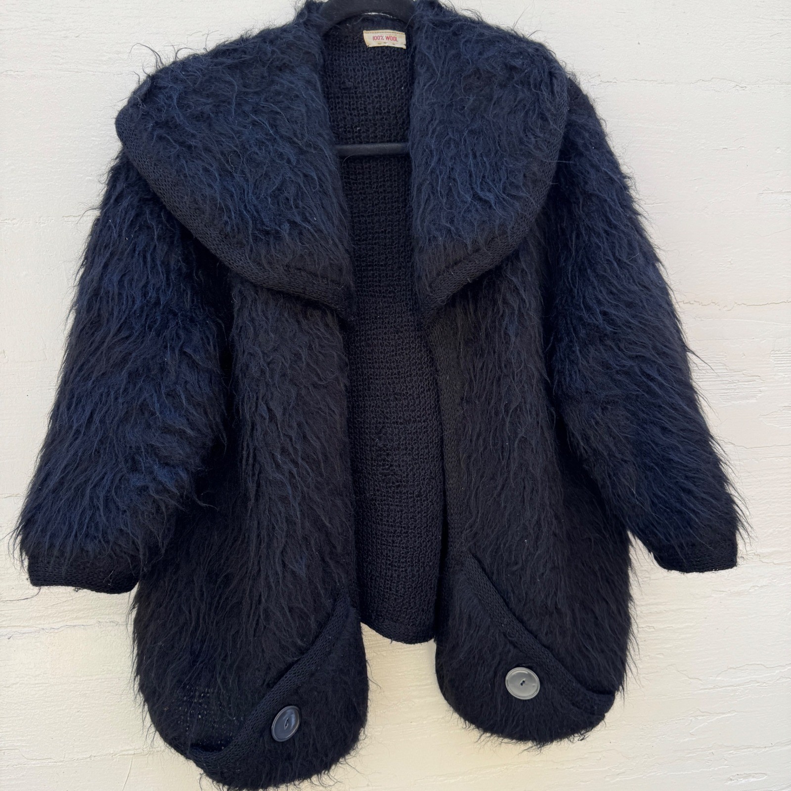 Vintage Sweater Cardigan OS Black 100% Wool Chunky Knit Oversized Cocoon 80s 90s