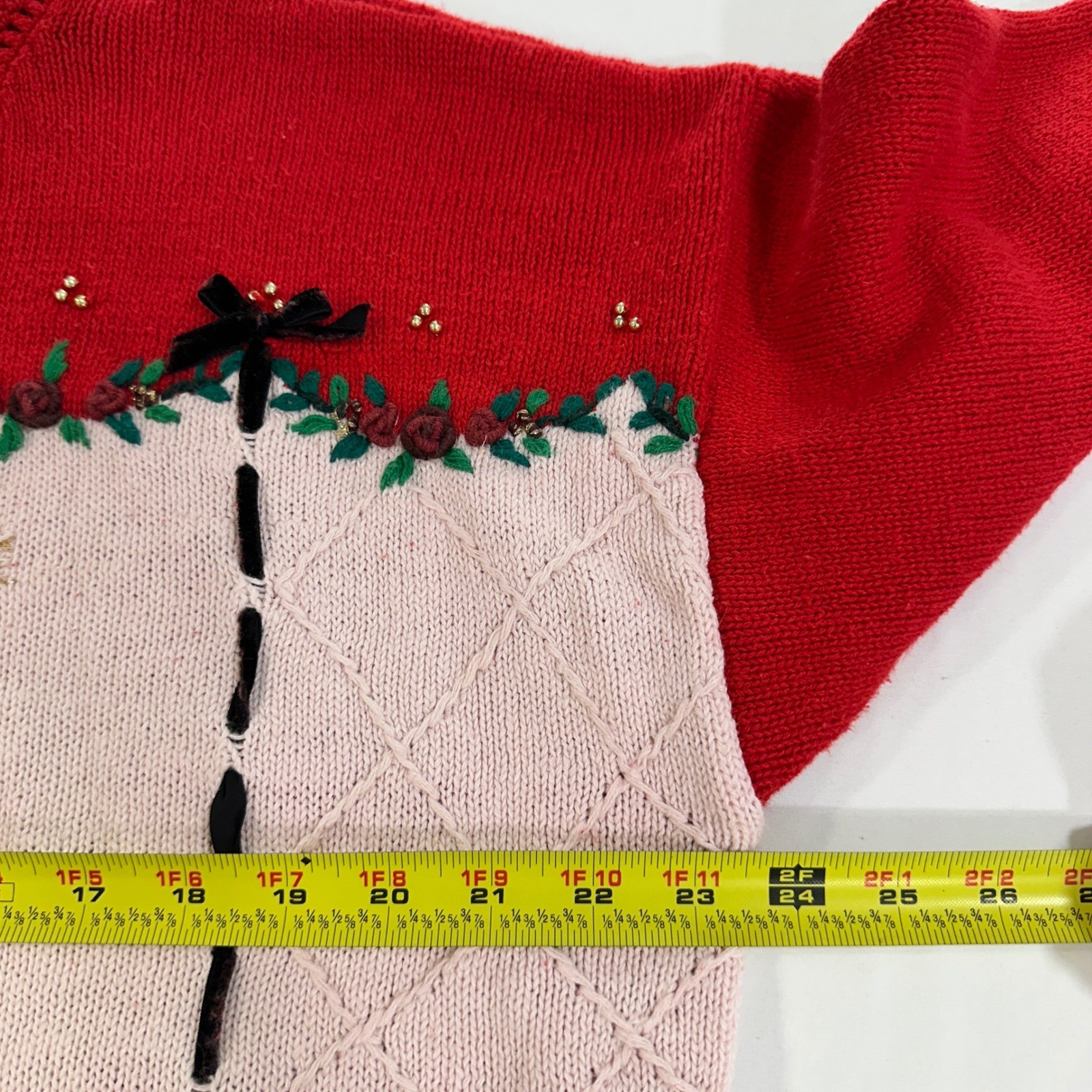 Beldoch Popper Vintage Christmas Sweater XL Tall Red Embroidered Tree Ramie