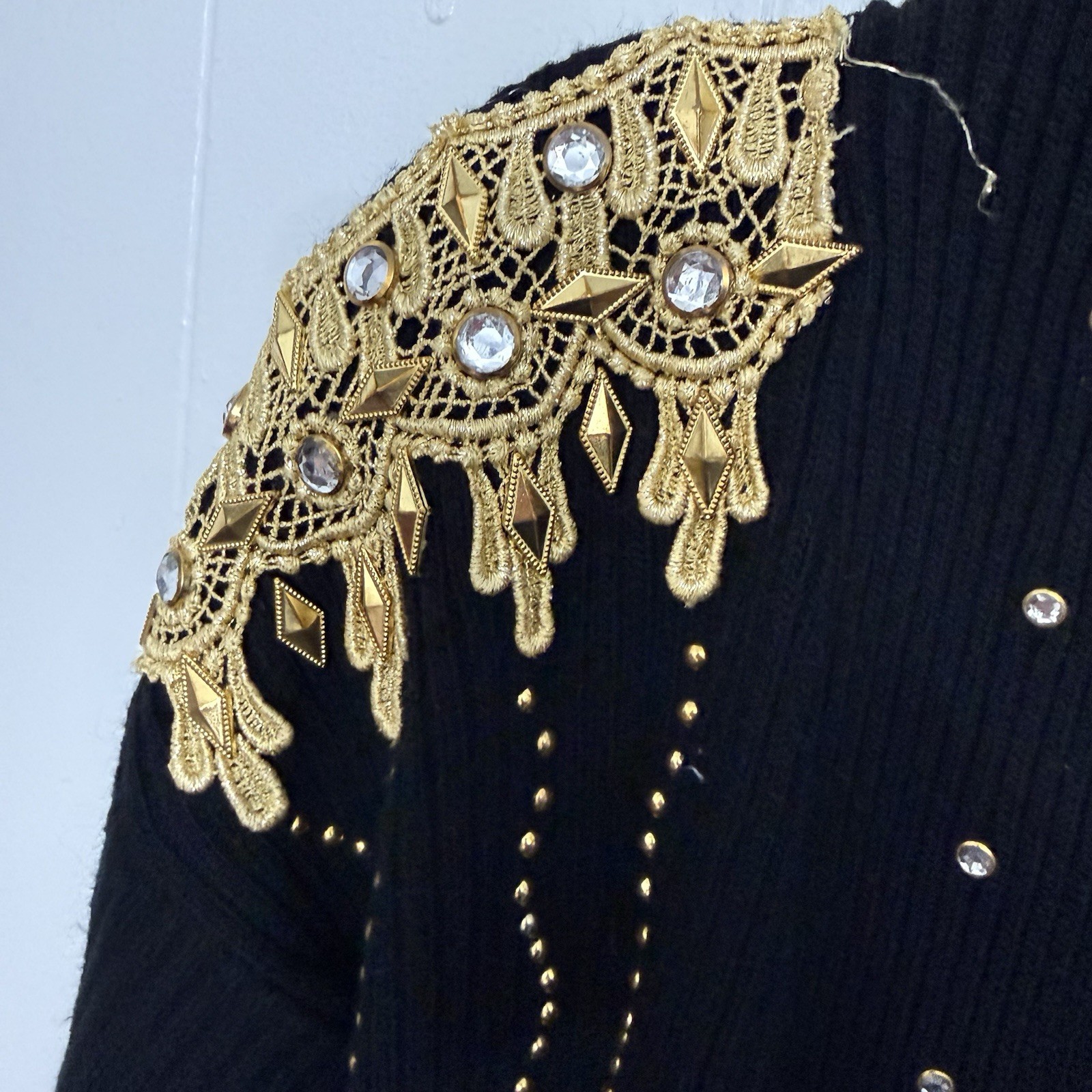 Vintage 90s Epix Black Gold Embellished Duster Cardigan Y2K Glam 1X 2X 3X