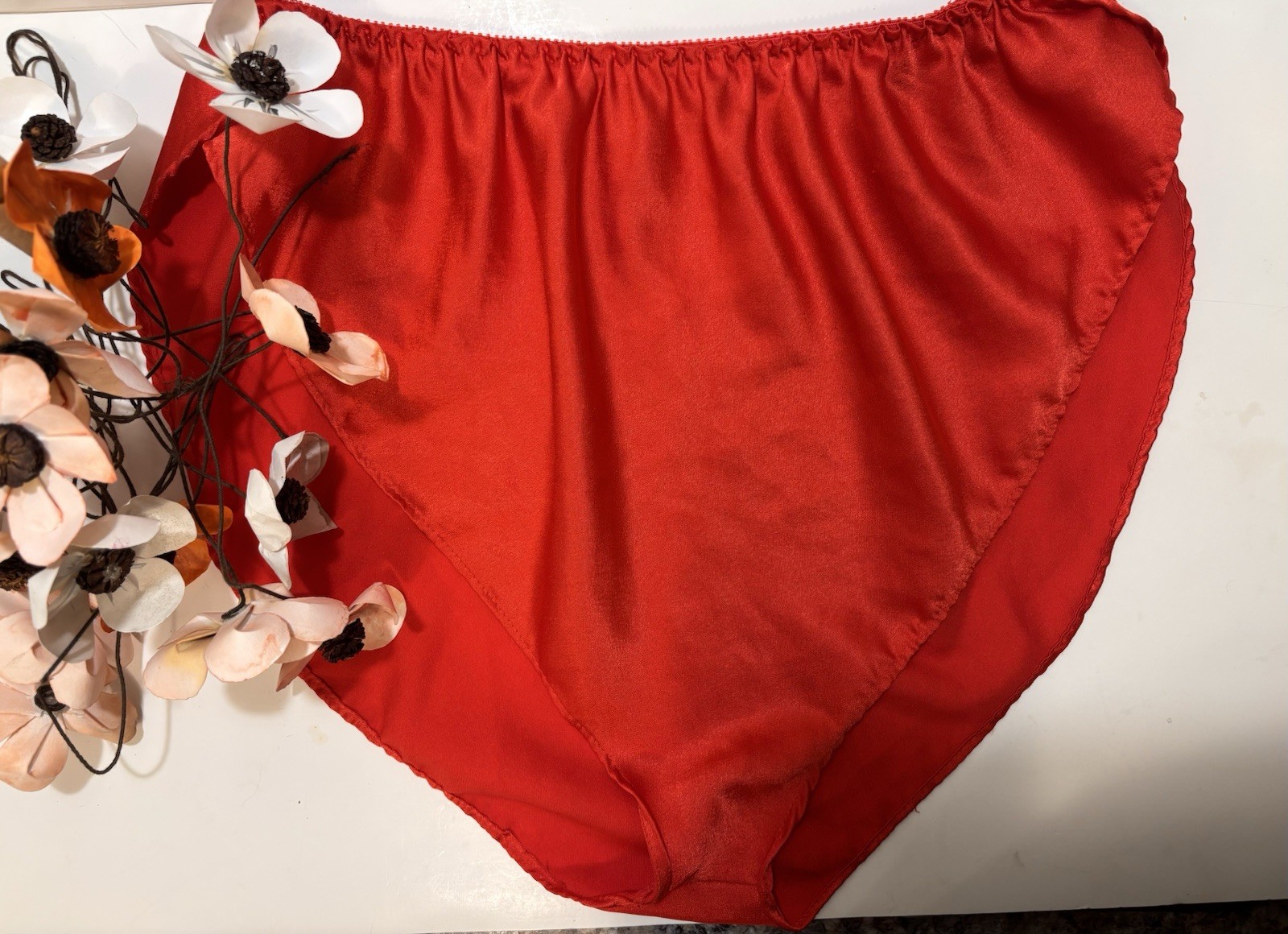 VTG Glossy RED Satin Shiny high cut flutter sissy tap panties XXL to 44” waist