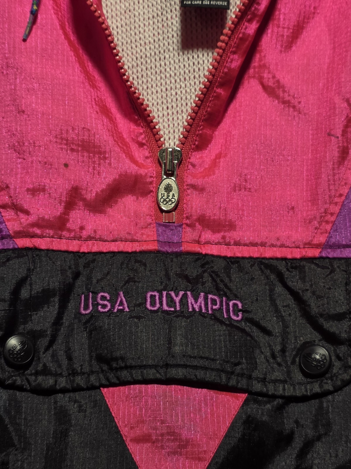 Vintage 90s USA Olympic Windbreaker Pullover Jacket Pink Black Size Small