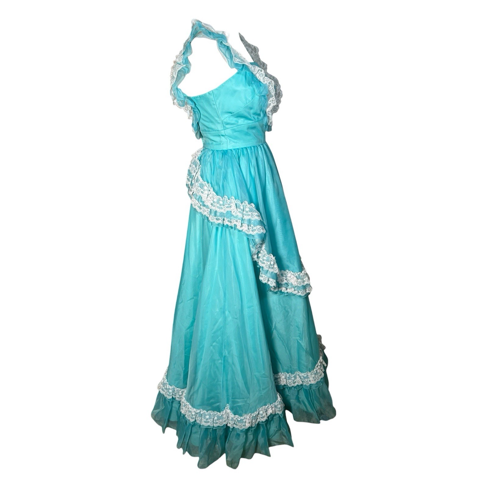VTG 70s/80s Mike Benet Southern Belle Prairie Aqua Lace Organza Maxi Dress Sz S