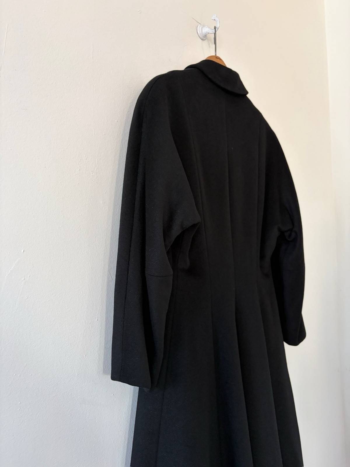 Vintage 1950s Black Wool Swing Coat Dress Princess Line Appliqué Formal New Look