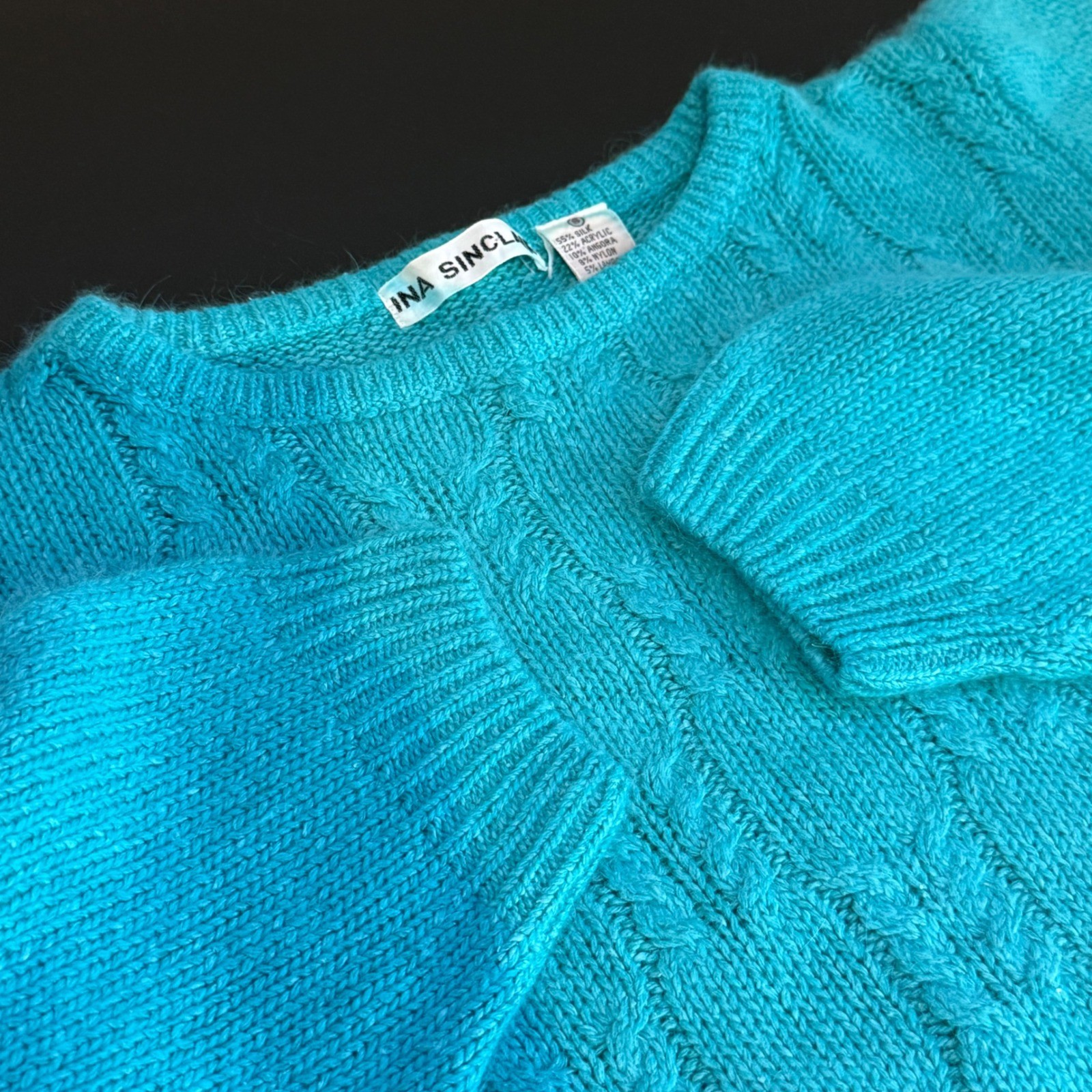 Vtg 80s Silk Angora Lambswool Sweater Puff Sleeve Fuzzy Knit Soft Size S Halo