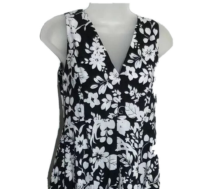 Vtg Victoria Holley Women Sleeveless Maxi Dress 8P Black White Floral Cotton