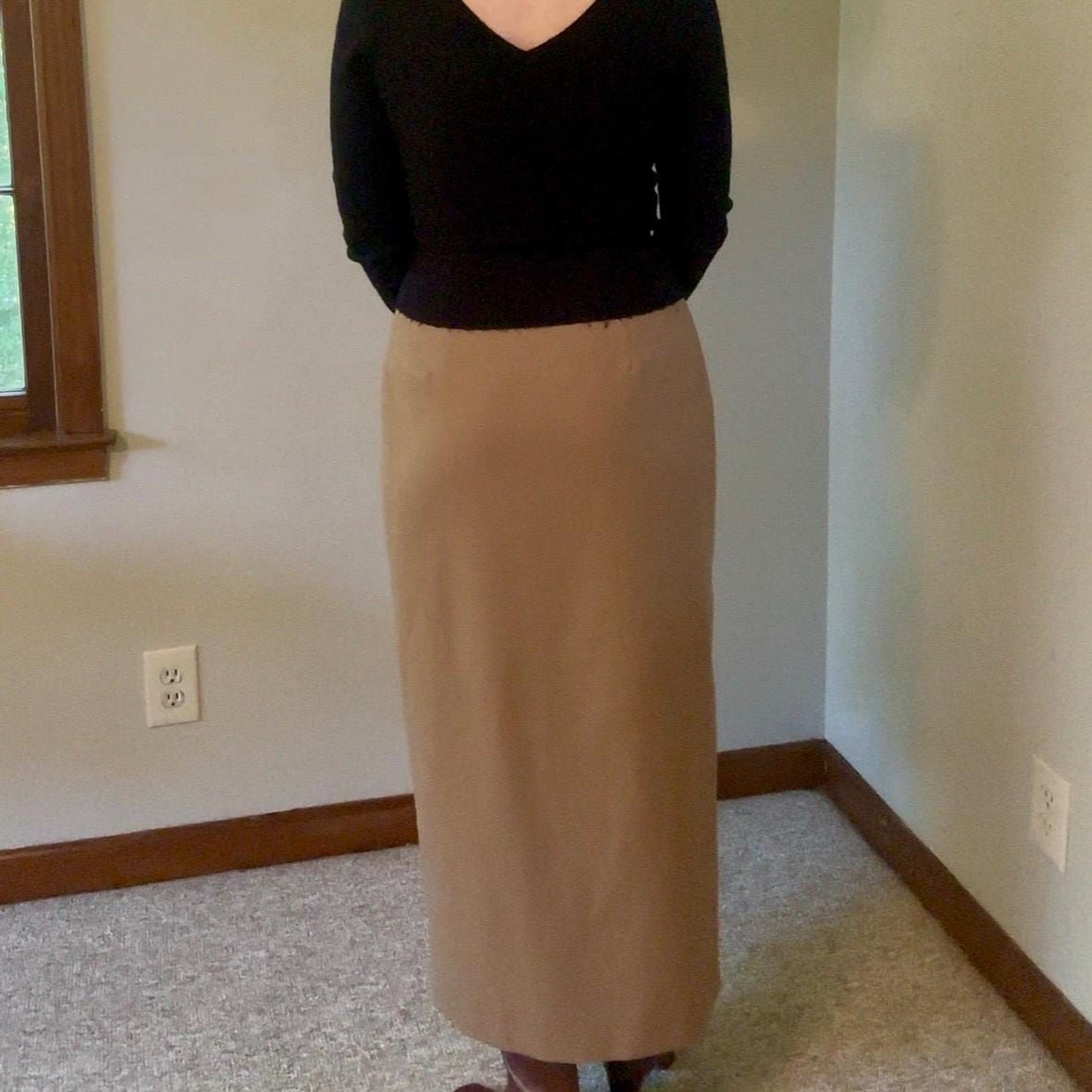 Vintage SISLEY Camel Italian Virgin Wool Wrap Maxi Skirt, 90s Minimalist, Size 6