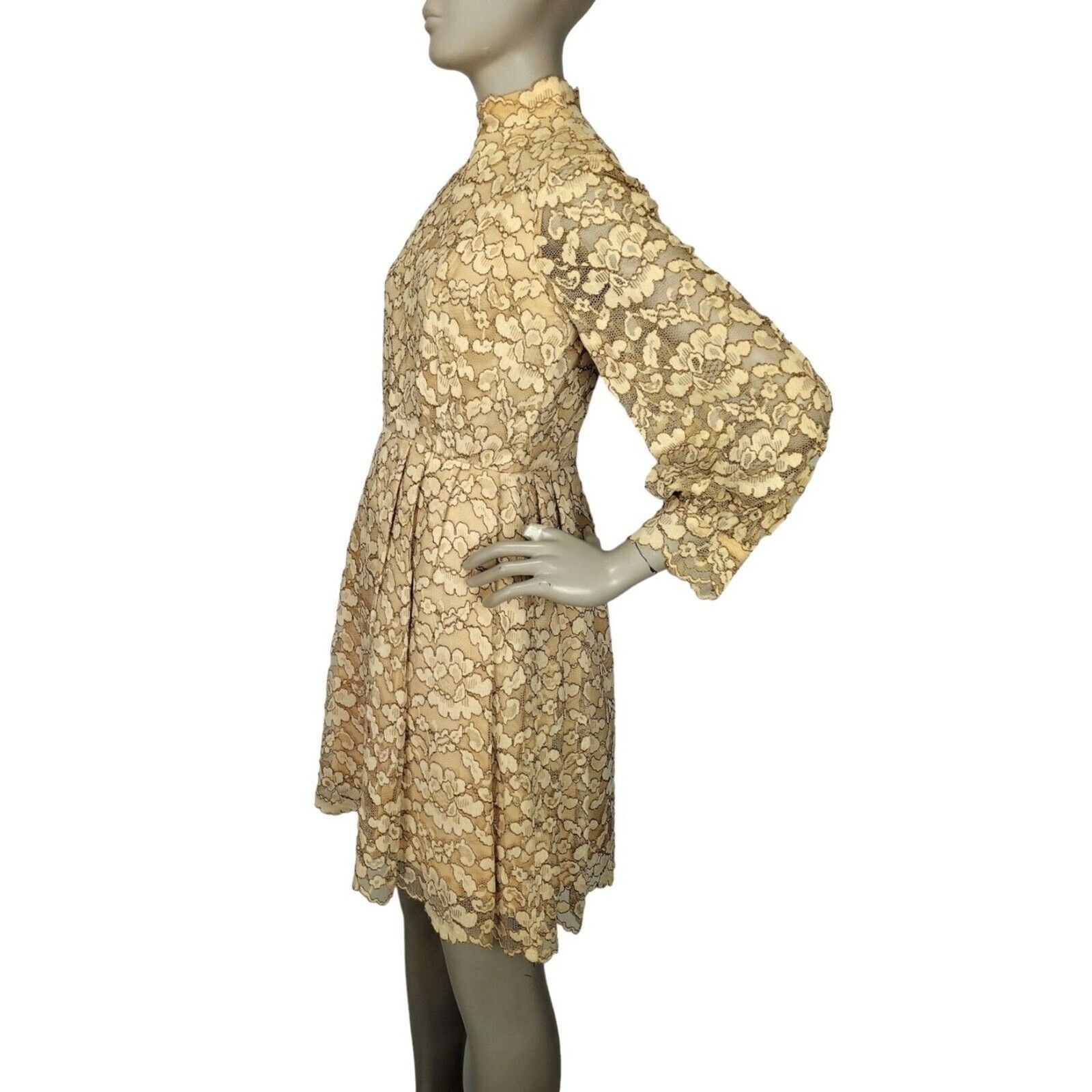 Vintage 60s Beige Gold Floral Lace Scalloped Edge Balloon Sleeve Mini Dress