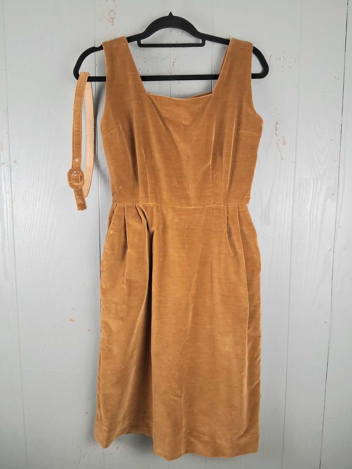 Vintage Handmade 50s Velour Cocktail Dress Belted Honey Color Block Pleats SMALL